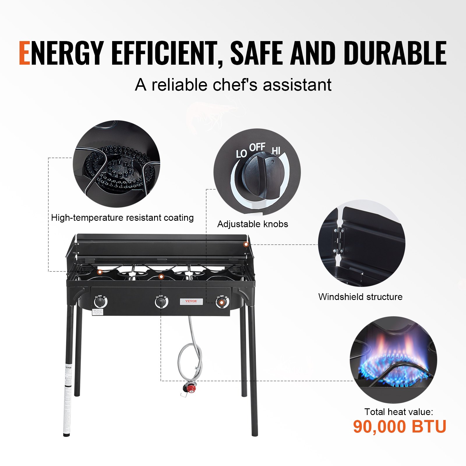 VEVOR Estufa de Camping al Aire Libre Estufa de Gas para Barbacoa Estufa de Camping de 3 Quemadores 87x45x90 cm Parrilla de Gas de 90000 BTU Uso al Aire Libre para Eventos, Carnaval, Fiestas de Boda