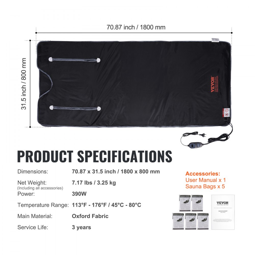 VEVOR Manta de Sauna de Infrarrojos Lejanos 180x80 cm Tela Oxford Temperatura Ajustable 1-6 Niveles 45-80 °C Temporizador de 1-60 min con Orificios para Brazos Bolsas de Sauna para Relajación en Hogar