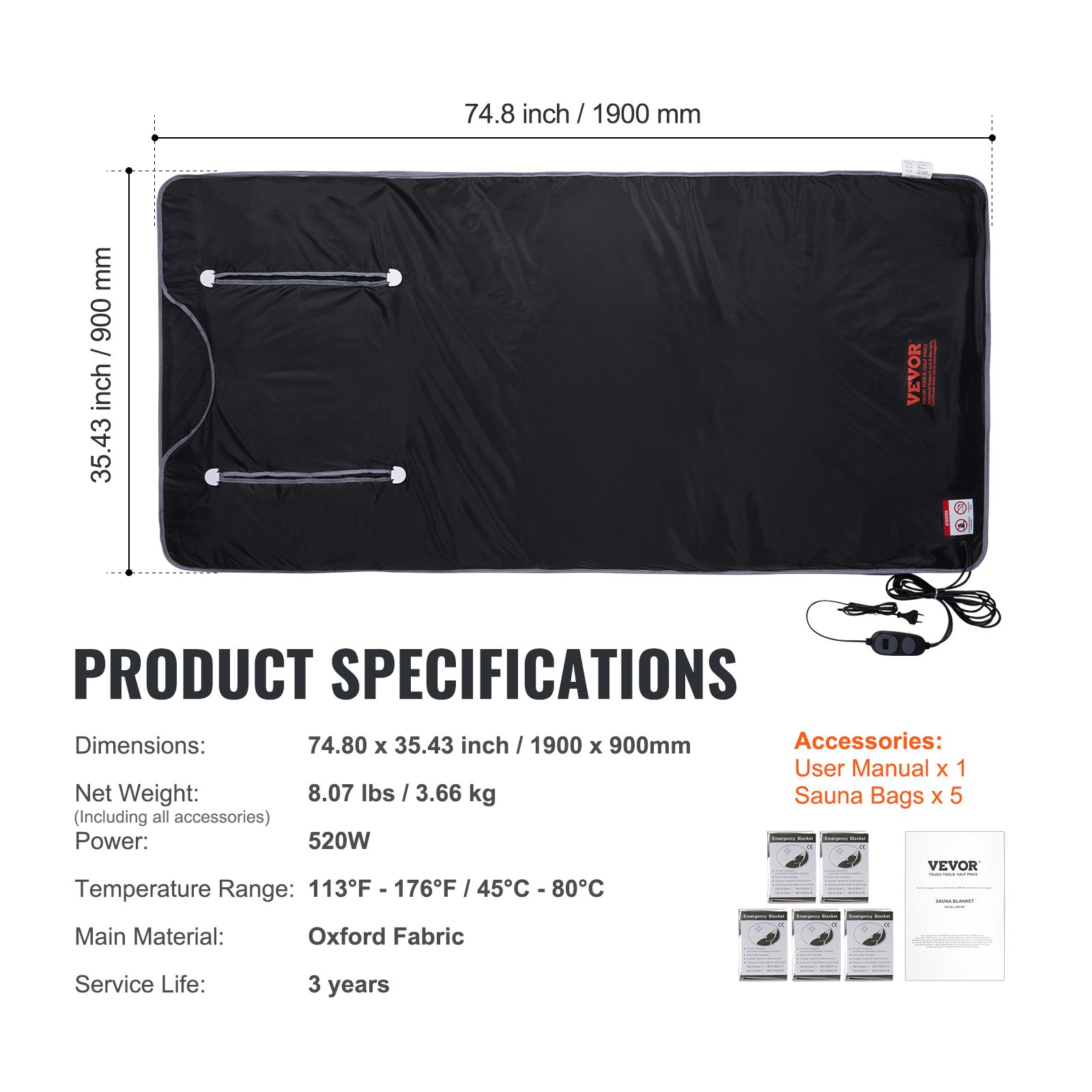 VEVOR 520W Infrared Sauna Blanket 1900x900mm Sauna Blanket 1-6 Heat Settings (35°C-85°C) Infrared Blanket 40-Minute Fat Burning Heating Blanket 5-Layer Safety Materials Heating Mat Body Slimming Fitness