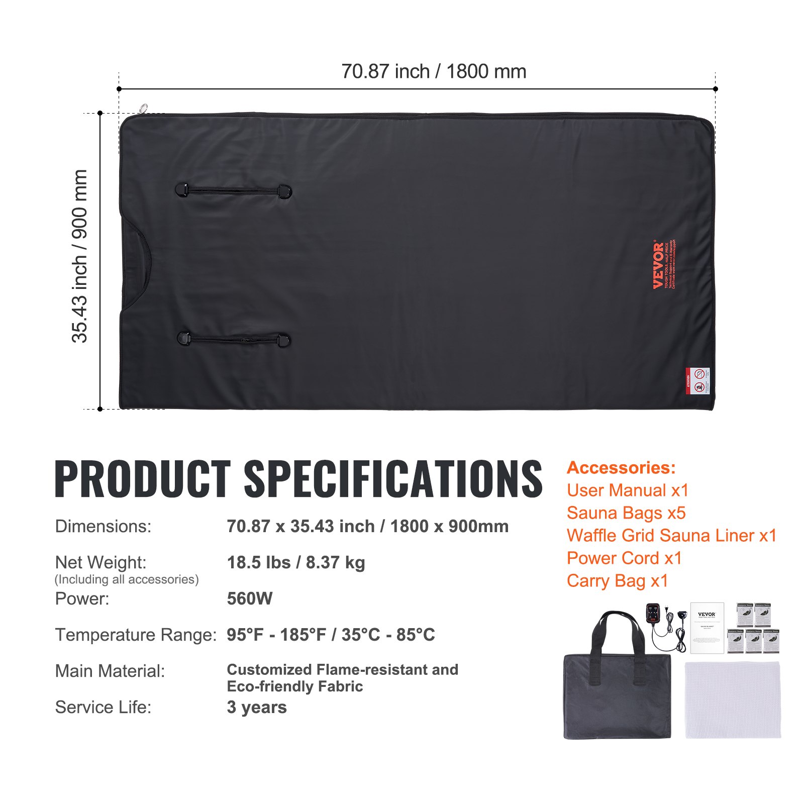 VEVOR Manta de Sauna de Infrarrojos Lejanos Portátil 180x90 cm Temperatura Ajustable 1-6 Niveles 35-85 °C Temporizador 1-60 min Orificios para los Brazos Bolsas de Sauna Calefacción Fibra de Carbono