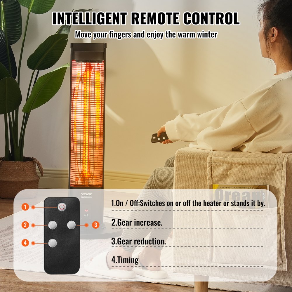Calentador infrarrojo VEVOR, calentador eléctrico de ambiente con control remoto de 2000 W, calentador de patio con 3 velocidades, temporizador y protección antivuelco, para exteriores/interiores, para dormitorio, estudio, porche, comedor, estudio, soporte