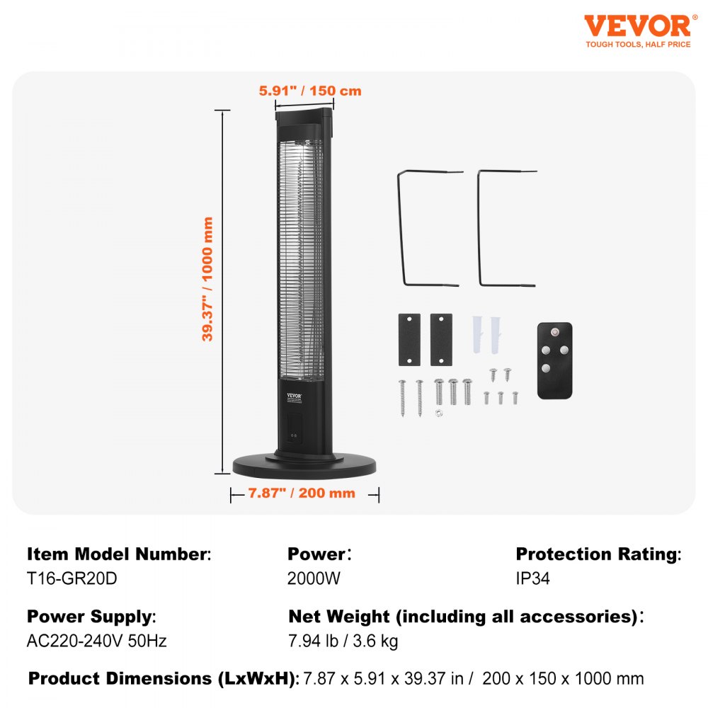 Calentador infrarrojo VEVOR, calentador eléctrico de ambiente con control remoto de 2000 W, calentador de patio con 3 velocidades, temporizador y protección antivuelco, para exteriores/interiores, para dormitorio, estudio, porche, comedor, estudio, soporte