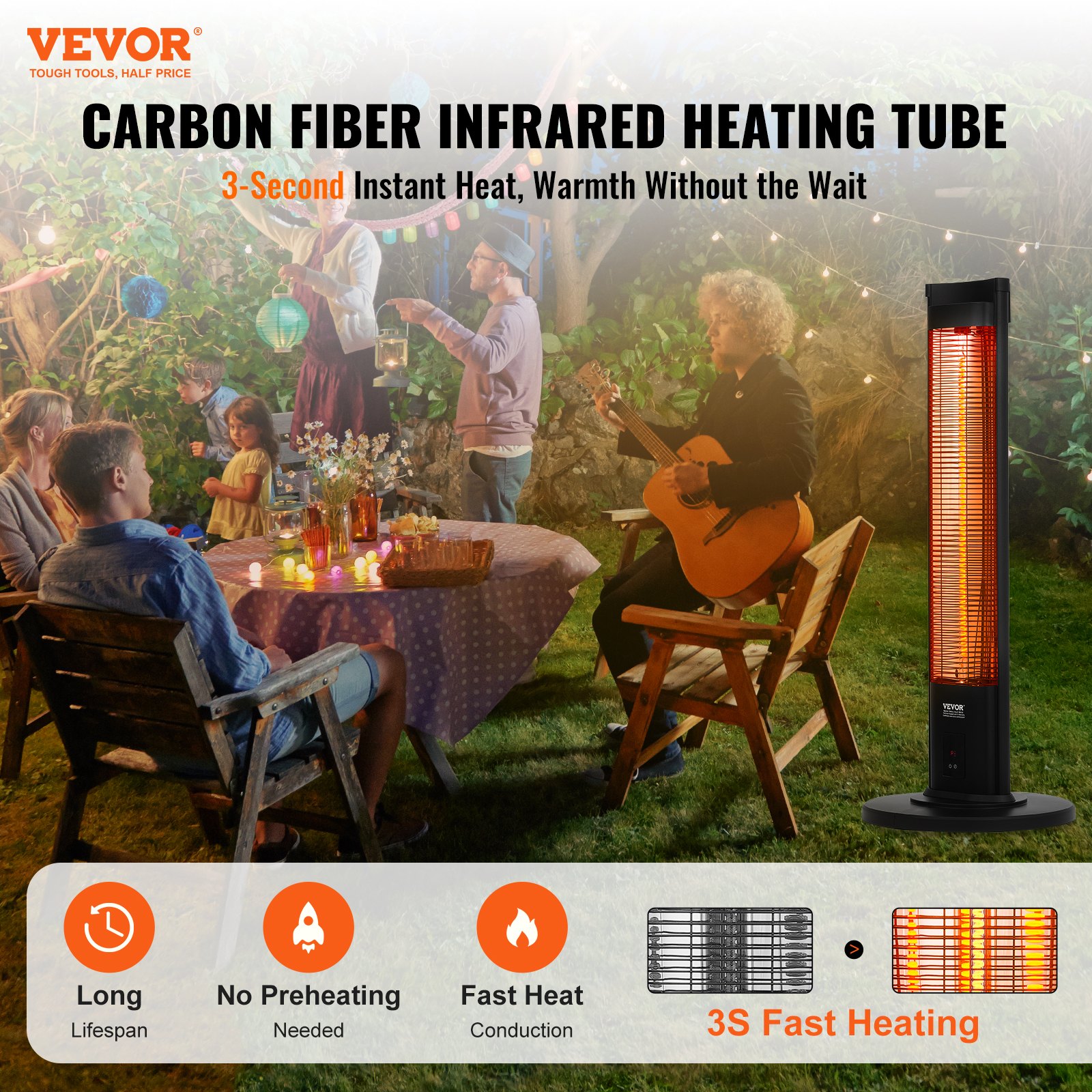 Calentador infrarrojo VEVOR, calentador eléctrico de ambiente con control remoto de 2000 W, calentador de patio con 3 velocidades, temporizador y protección antivuelco, para exteriores/interiores, para dormitorio, estudio, porche, comedor, estudio, soporte