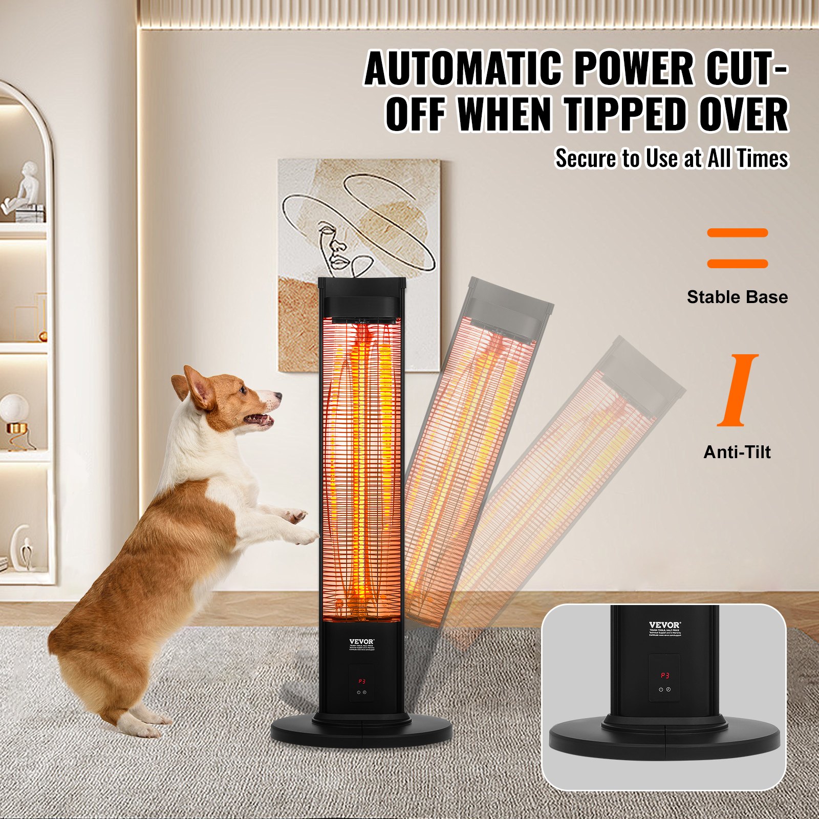 Calentador infrarrojo VEVOR, calentador eléctrico de ambiente con control remoto de 2000 W, calentador de patio con 3 velocidades, temporizador y protección antivuelco, para exteriores/interiores, para dormitorio, estudio, porche, comedor, estudio, soporte