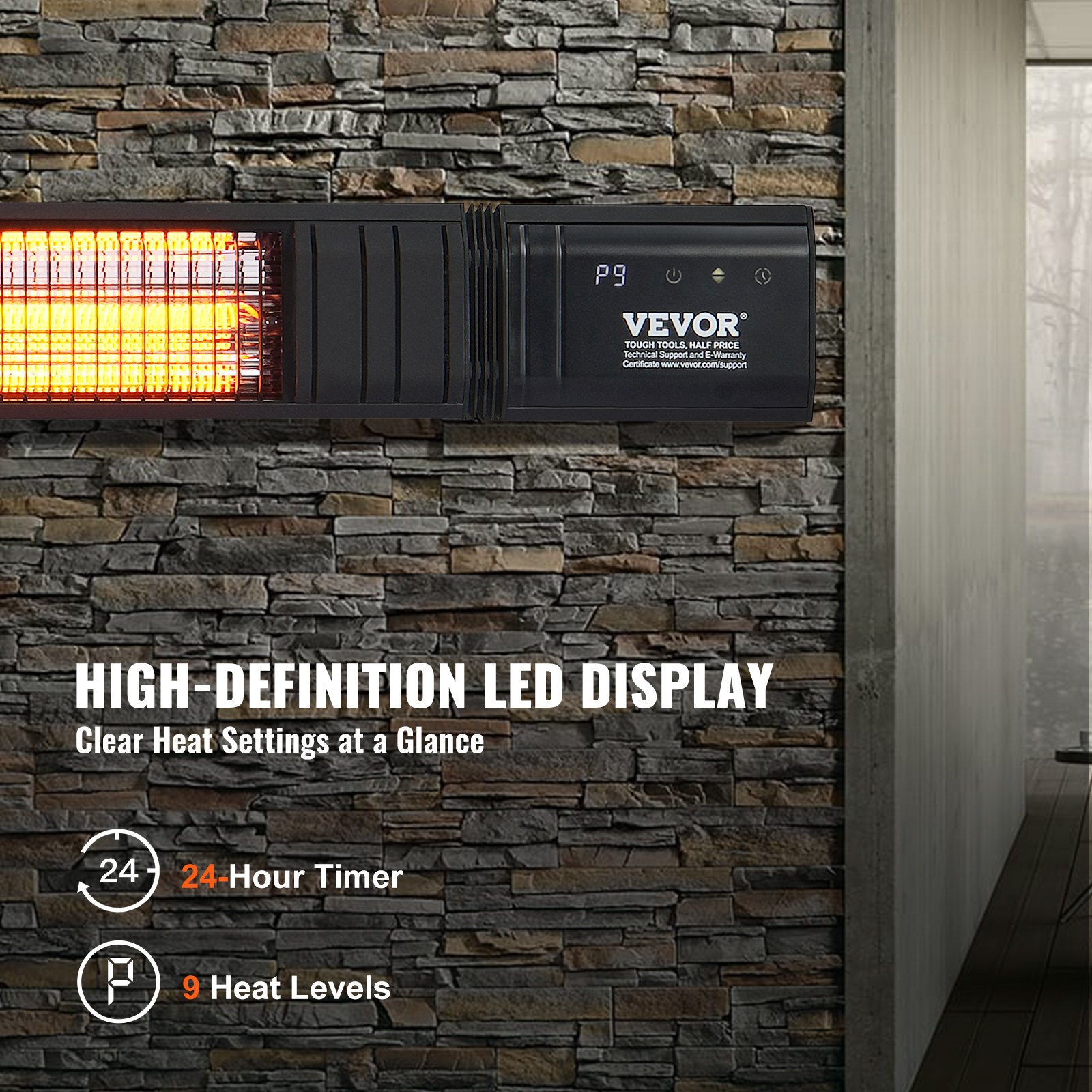 VEVOR Infrared Heater, 3000 W, with Remote Control, IP65 Protection, Carbon Infrared Outdoor Heater with 9 Settings and Timer, for Porch, Patio, Dining Room, Studio, Backyard, Wall Mounted