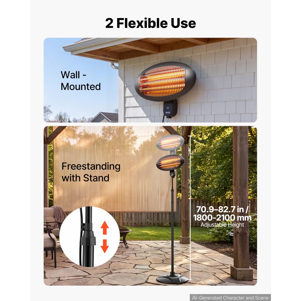 VEVOR Calefactor Infrarrojo Exterior 2000 W Estufa Eléctrica con Soporte de Pie para Patios y Balcones, 3 Modos de Calefacción, Altura de 180-210 cm, Cabezal Inclinable de 0°-45° y Control por Cadena