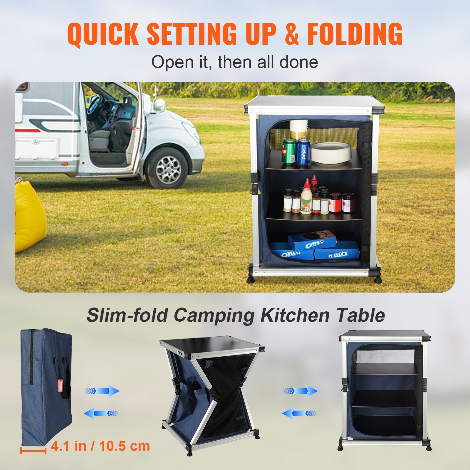 VEVOR Cocina de Camping 61 x 51 x 82 cm Mesa de Camping Plegable Estructura de Aluminio con 3 Estantes Bolsillos Laterales y Bolsa de Transporte, Fácil Instalación para Barbacoa Pícnic Jardín