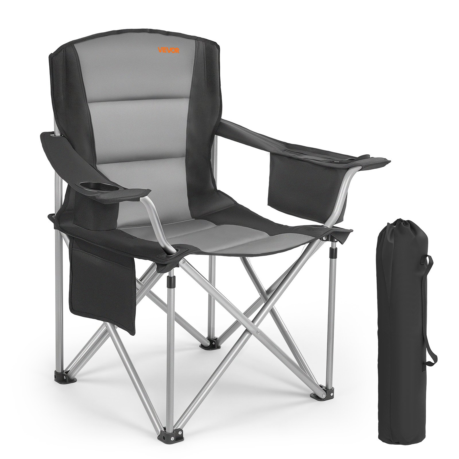 VEVOR Silla de Camping Plegable 98x63x99 cm Acero Inoxidable Silla de Pesca al Aire Libre Carga 158kg Asiento Plegable Ligero Portátil con Portavasos 3 Bolsas de Almacenamiento para pícnics Senderismo
