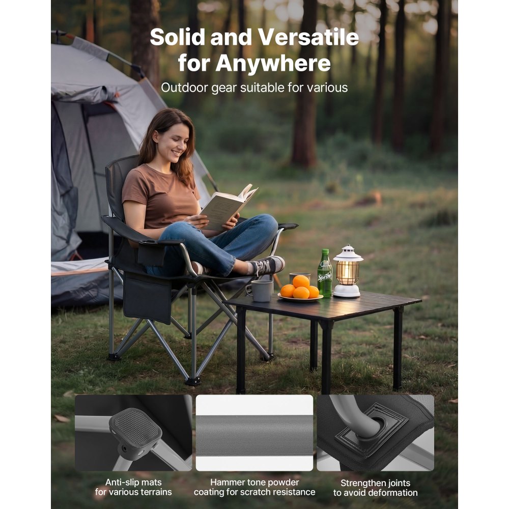 VEVOR Silla de Camping Plegable Grande Capacidad Máxima de 204 kg, Paquete de 2, Silla de Camping Portátil con Respaldo, Reposabrazos Acolchados, Bolsa térmica, Portavasos y Bolsillo para Exteriores