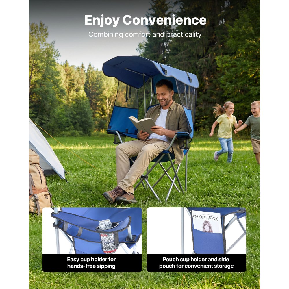 VEVOR Silla de Camping Plegable con Sombrilla Capacidad Máxima de 150 kg, Silla de Camping Portátil con Toldo Tela Oxford, Compartimento para Revistas, Portavasos y Bolsillo para Exteriores Pesca