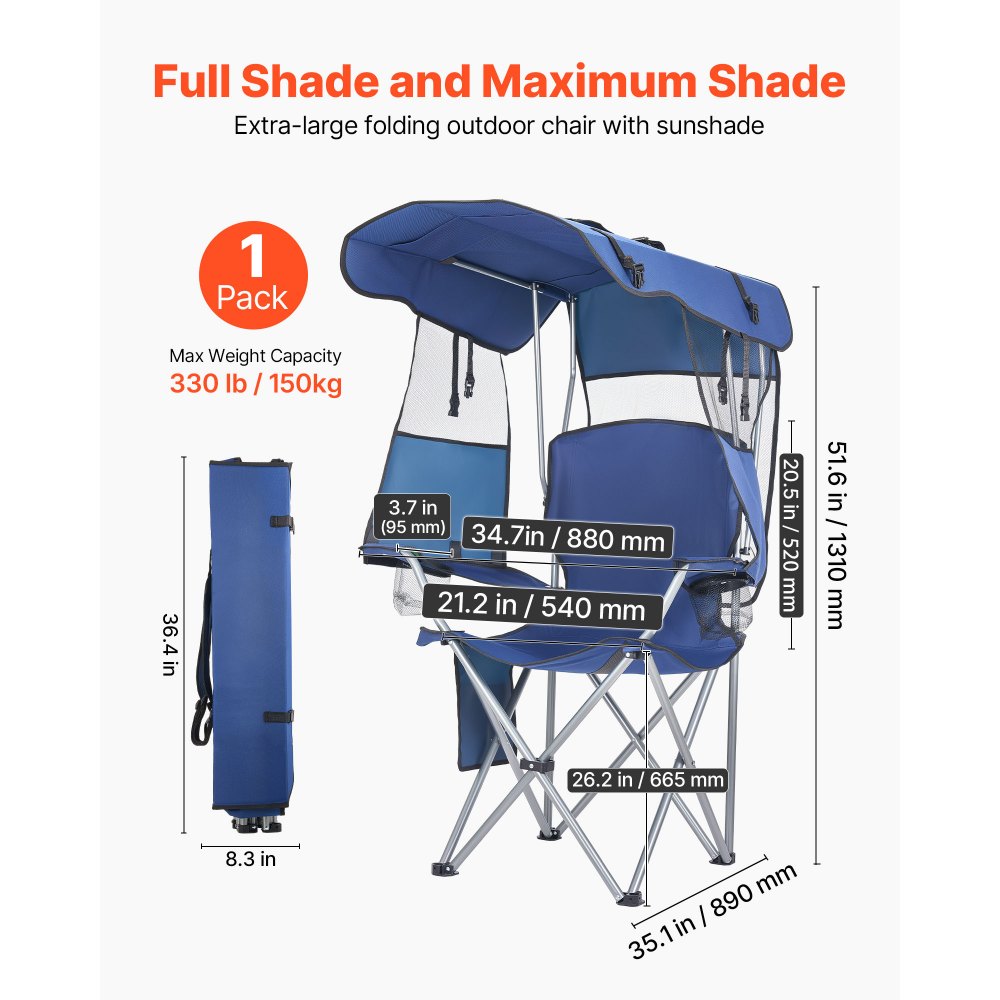 VEVOR Silla de Camping Plegable con Sombrilla Capacidad Máxima de 150 kg, Silla de Camping Portátil con Toldo Tela Oxford, Compartimento para Revistas, Portavasos y Bolsillo para Exteriores Pesca