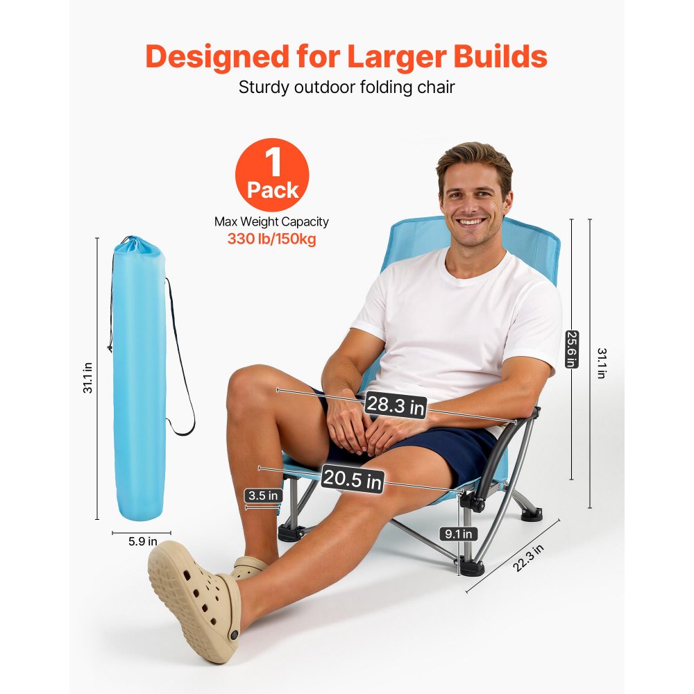 VEVOR Silla de Playa Plegable Capacidad Máxima de 150 kg con Respaldo Alto de Malla, Almohada, Silla de Camping Portátil, Ancho, Resistente con Portavasos para Picnics Barbacoa Exteriores Aire Libre