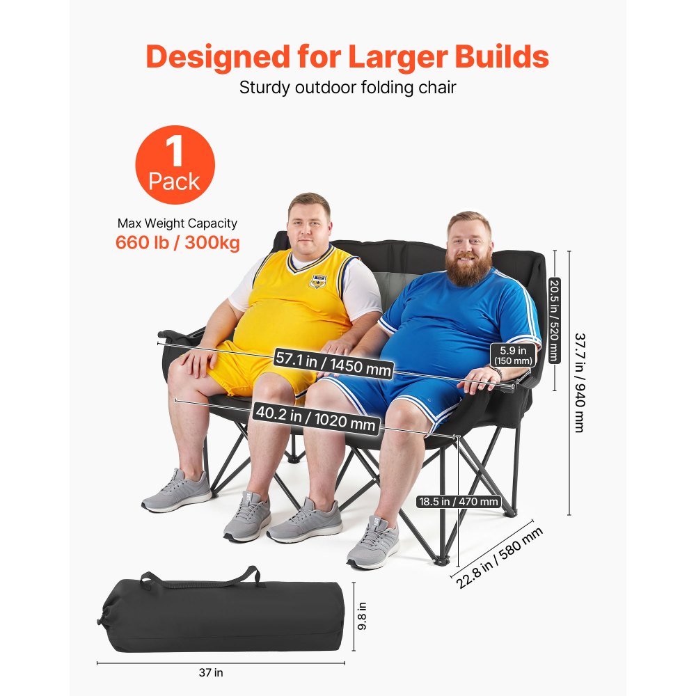 VEVOR Silla de Camping Plegable Doble, Capacidad Máxima de 300 kg con Respaldo Acolchado, Silla de Pesca de Tela Oxford 600D Portátil con Portavasos y Bolsillos para Exteriores Playa Jardín 2 Personas