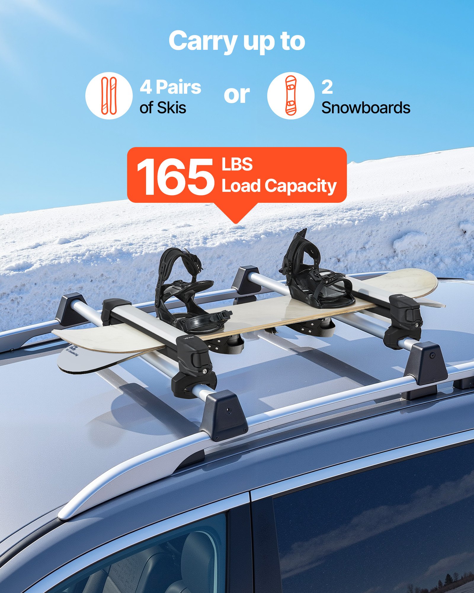 VEVOR Portaequipajes de Techo, para hasta 4 Pares de Esquís/2 Tablas de Snowboard, con Cerradura con Acolchado de Goma, para la Mayoría de las Barras Transversales Ancho de Carga de 465 mm, Negro
