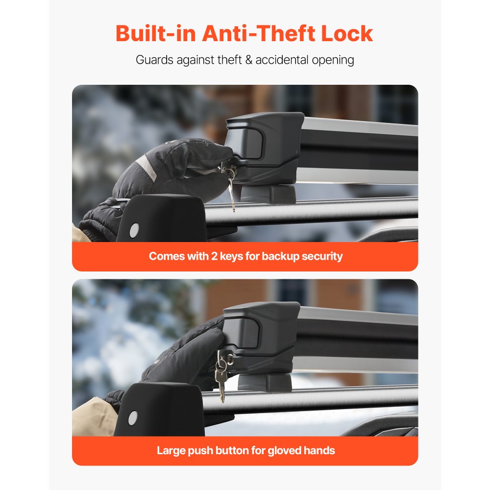 VEVOR Portaesquís de Techo, hasta 4 Pares de Esquís o 2 Snowboards, 2 Piezas, con Cerradura y Acolchado de Goma, Soporte de Aleación de Aluminio para la Mayoría de Barras Transversales, Negro