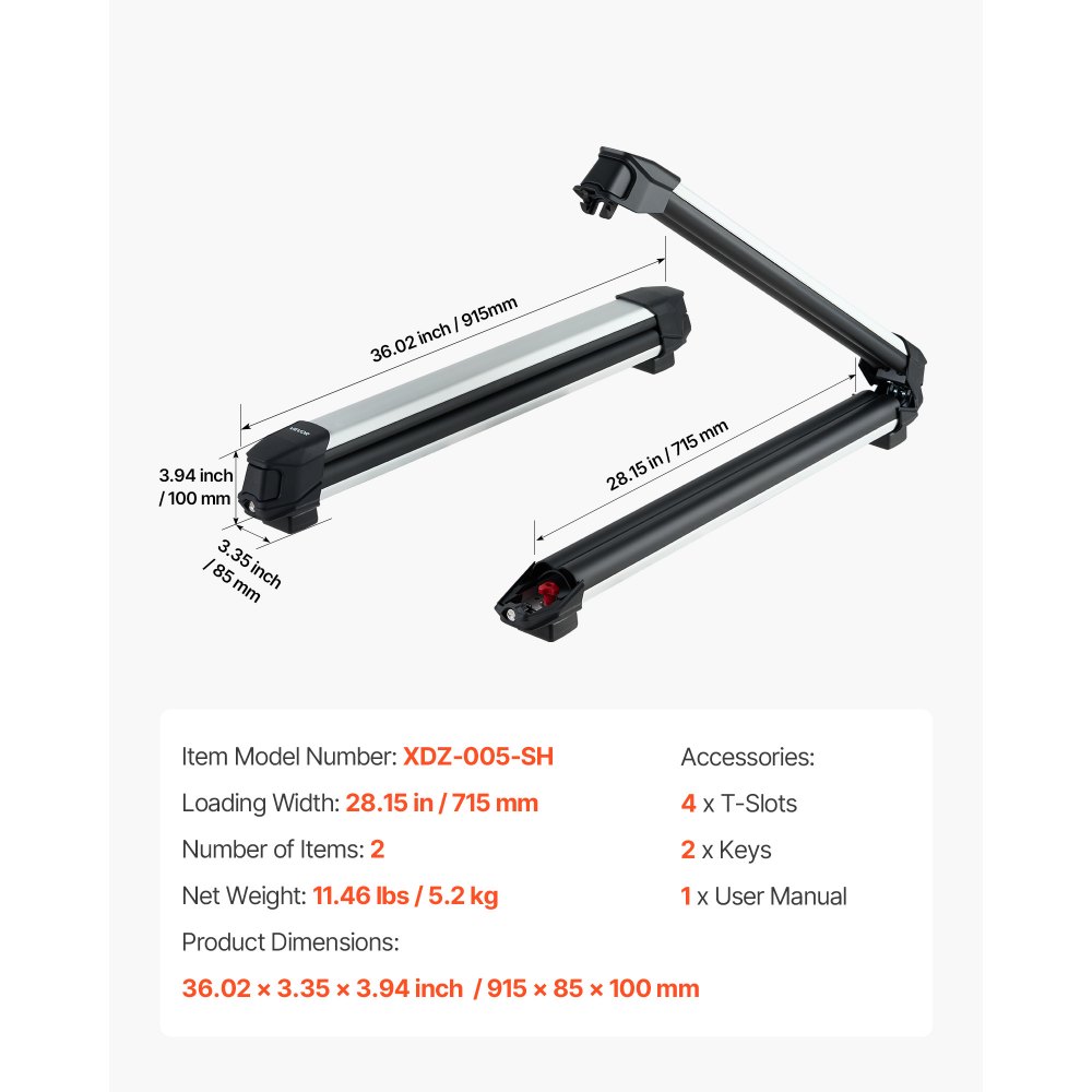 VEVOR Portaequipajes de Techo, para hasta 6 Pares de Esquís/4 Tablas de Snowboard, con Cerradura con Acolchado de Goma, para Transportar Cañas de Pescar y Patinetas, 915 x 85 x 100 mm, Negro