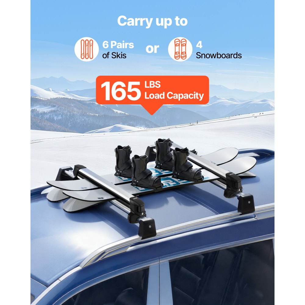 VEVOR Portaesquís Universal de Techo de Automóvil, para hasta 6 Pares de Esquís o 4 Tablas de Snowboard, 2 Piezas, con Cerradura, con Acolchado de Goma y Ranura en T, 915 x 85 x 100 mm, Negro