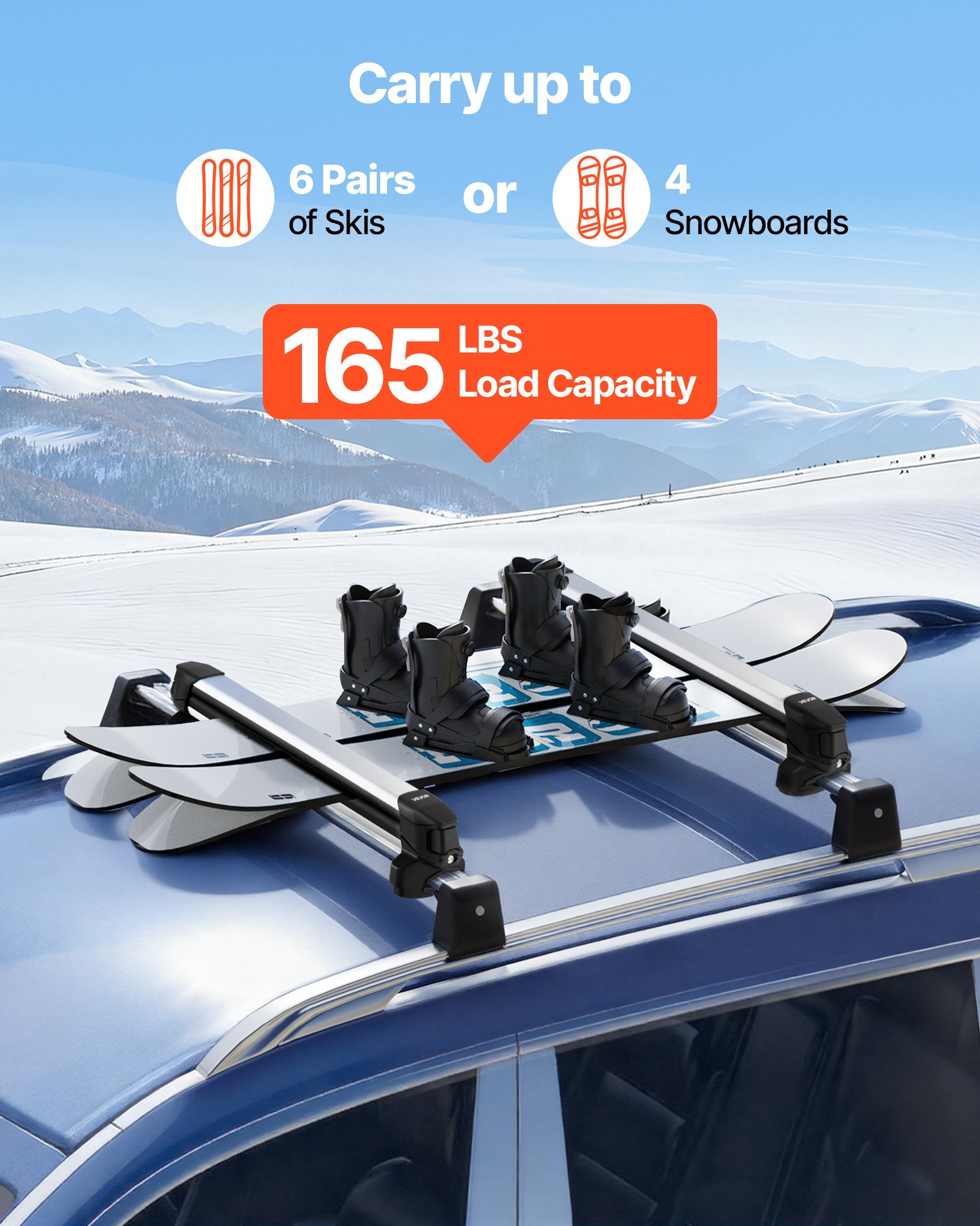 VEVOR Portaesquís Universal de Techo de Automóvil, para hasta 6 Pares de Esquís o 4 Tablas de Snowboard, 2 Piezas, con Cerradura, con Acolchado de Goma y Ranura en T, 915 x 85 x 100 mm, Negro