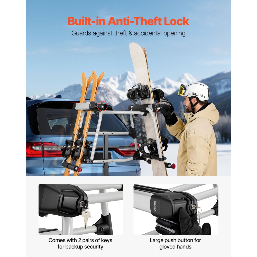 VEVOR Portaesquís de Techo, para hasta 6 Pares de Esquís/4 Tablas de Snowboard, con Cerradura con Acolchado de Goma y Cinturón de Seguridad, para Barra de Remolque, 895 x 990 x 120 mm, Negro