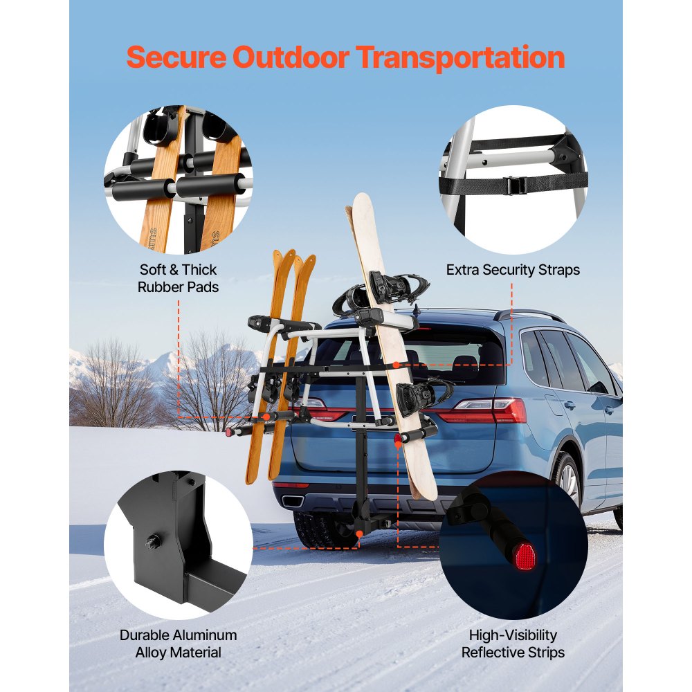 VEVOR Portaesquís de Techo, para hasta 6 Pares de Esquís/4 Tablas de Snowboard, con Cerradura con Acolchado de Goma y Cinturón de Seguridad, para Barra de Remolque, 895 x 990 x 120 mm, Negro
