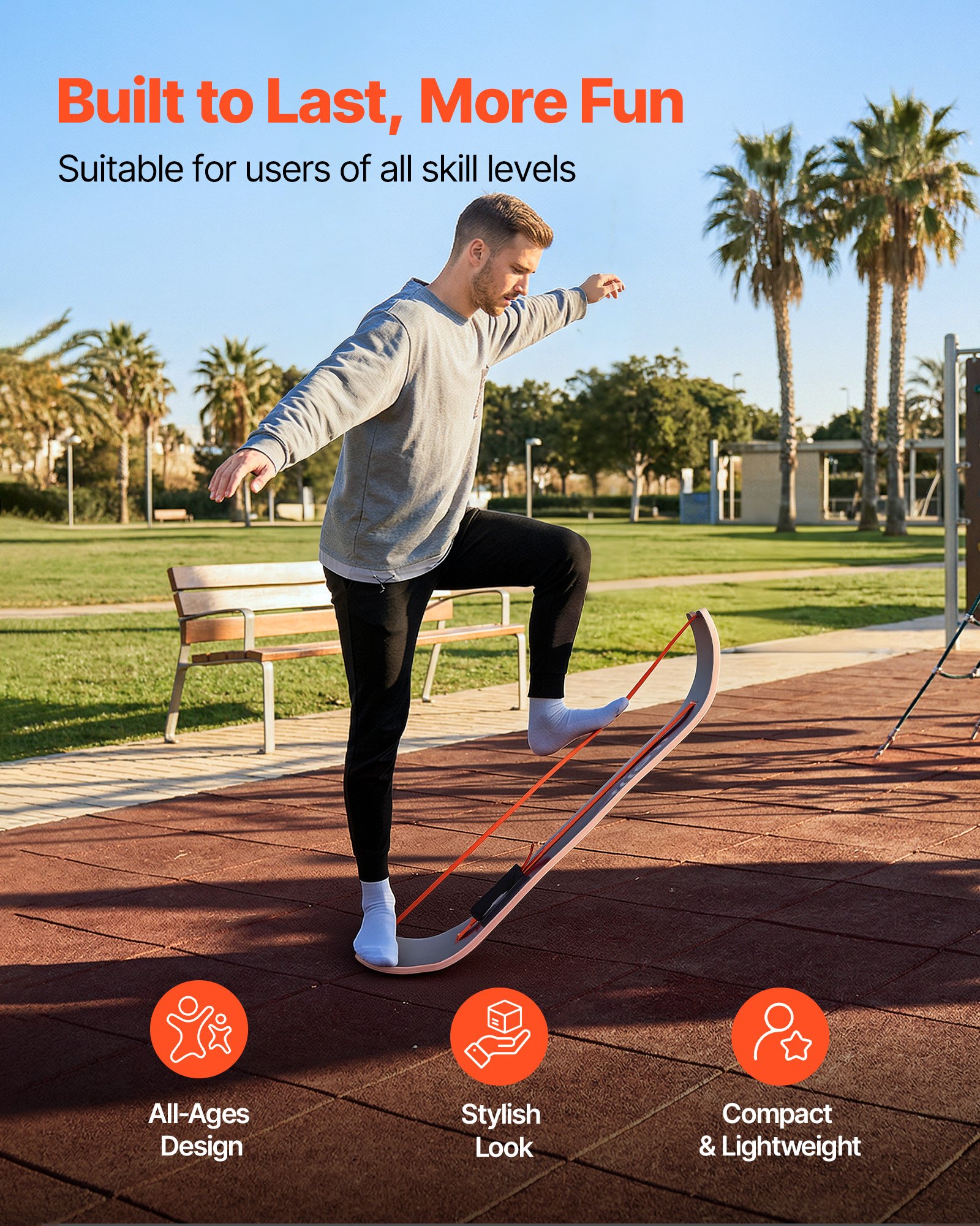 VEVOR Tabla de Equilibrio Curvada de Madera, Entrenador de Tabla de Equilibrio 107 x 28 x 16,5 cm para Adultos, Compacto y Ligero, para Ejercicios de Core, Gimnasio en Casa, Yoga, Negro y Naranja