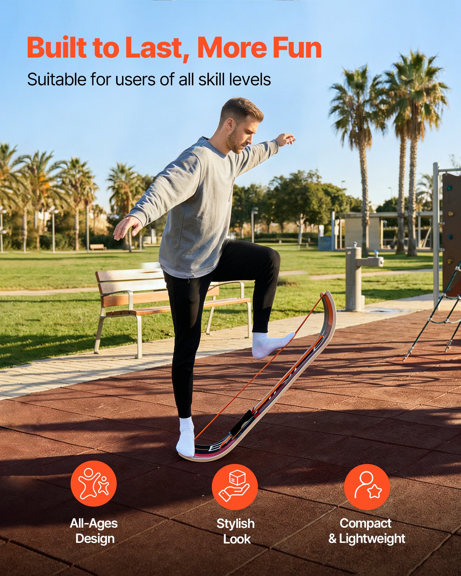 VEVOR Tabla de Equilibrio Curvada de Madera 107 x 28 x 16,5 cm, Entrenador de Tabla de Equilibrio para Adultos, Compacto y Ligero, para Ejercicios de Core, Gimnasio en Casa, Yoga, Pilates, Naranja