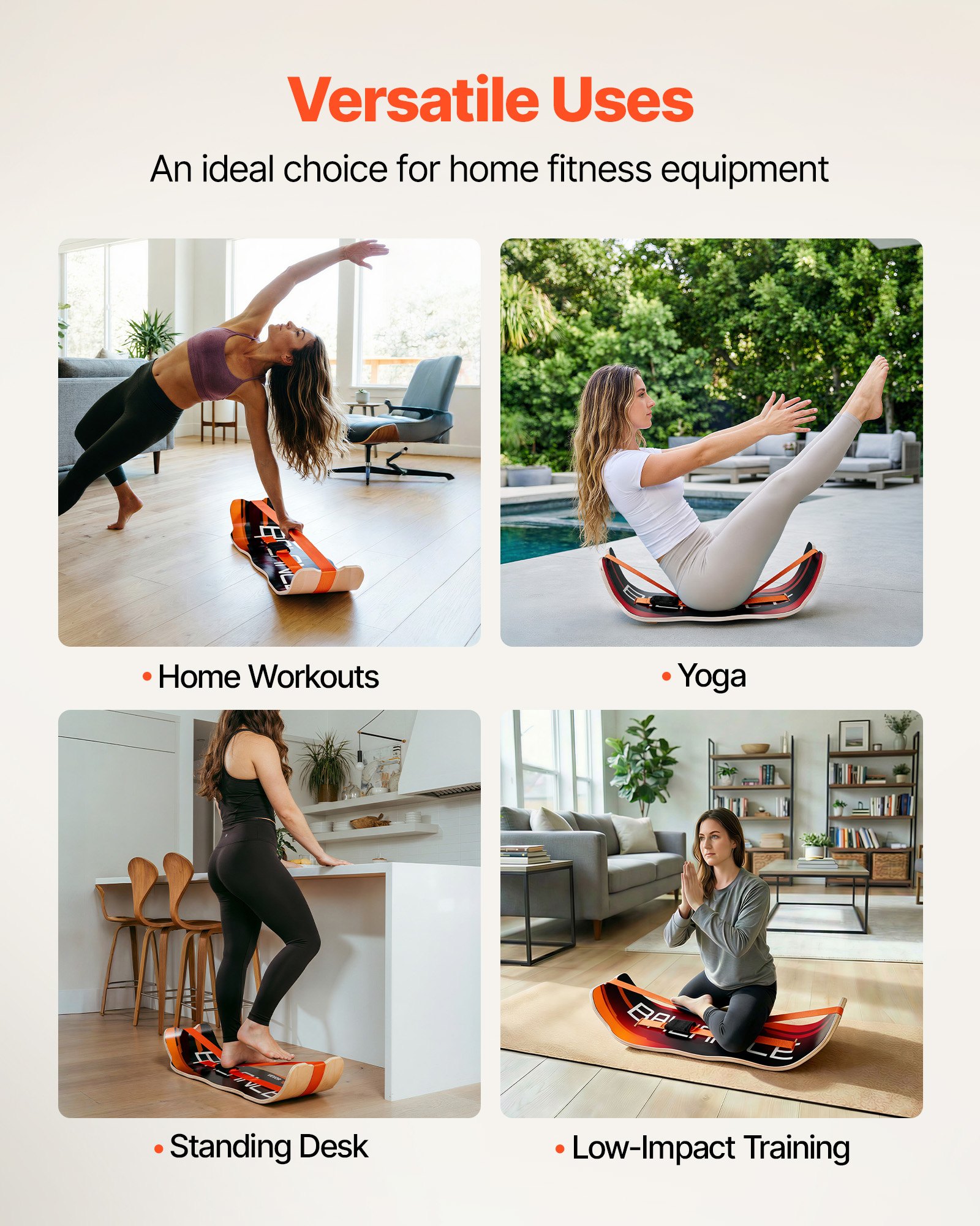 VEVOR Tabla de Equilibrio Curvada de Madera 107 x 28 x 16,5 cm, Entrenador de Tabla de Equilibrio para Adultos, Compacto y Ligero, para Ejercicios de Core, Gimnasio en Casa, Yoga, Pilates, Naranja