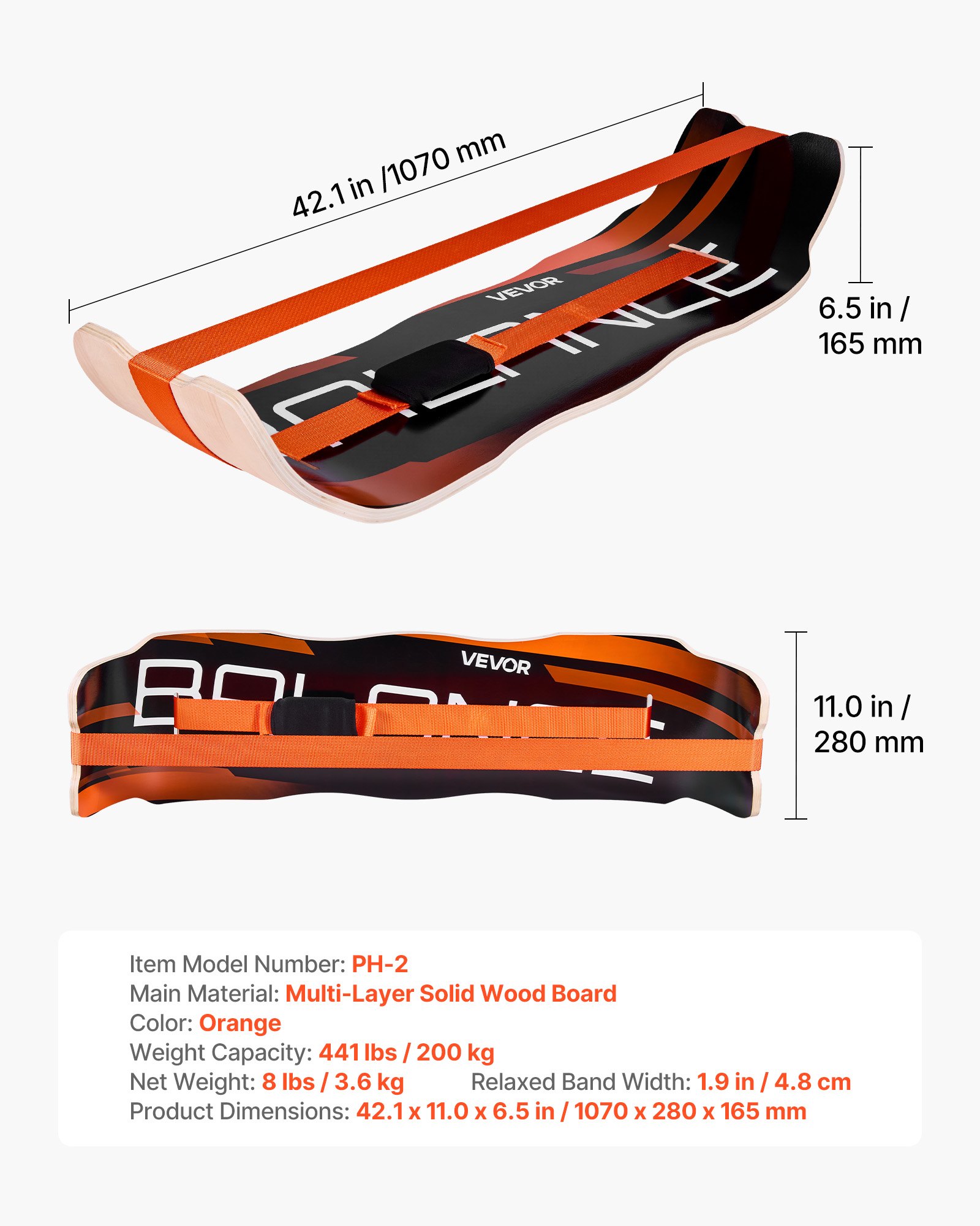 VEVOR Tabla de Equilibrio Curvada de Madera 107 x 28 x 16,5 cm, Entrenador de Tabla de Equilibrio para Adultos, Compacto y Ligero, para Ejercicios de Core, Gimnasio en Casa, Yoga, Pilates, Naranja