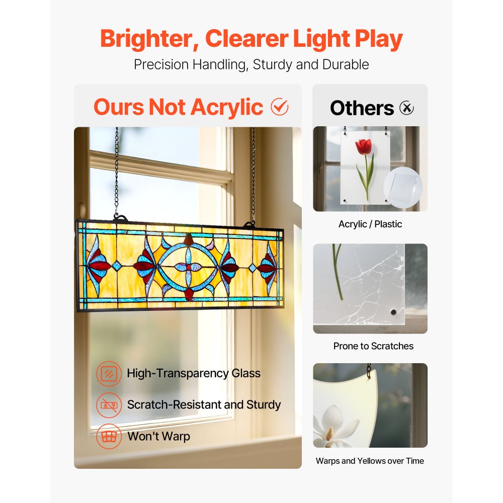 VEVOR Stained Glass Window Panel, 813 x 250 mm, Tiffany Style Hanging Transom Window Panel with Chain, Large Horizontal Rectangle Stain Glass, Vintage Traditional Art Handcrafts for Kitchen Home Decor