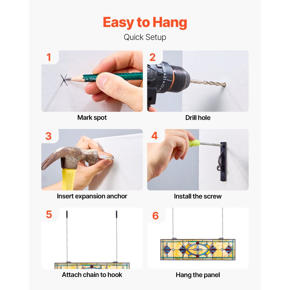 VEVOR Stained Glass Window Panel, 813 x 250 mm, Tiffany Style Hanging Transom Window Panel with Chain, Large Horizontal Rectangle Stain Glass, Vintage Traditional Art Handcrafts for Kitchen Home Decor