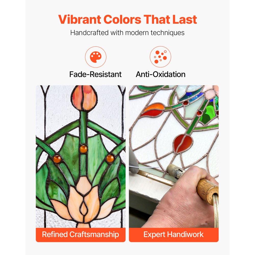 VEVOR Stained Glass Window Panel, 810 x 433 mm, Tiffany Style Hanging Transom Window Panel with Chain, Large Horizontal Rectangle Stain Glass, Vintage Traditional Art Handcrafts for Kitchen Home Decor