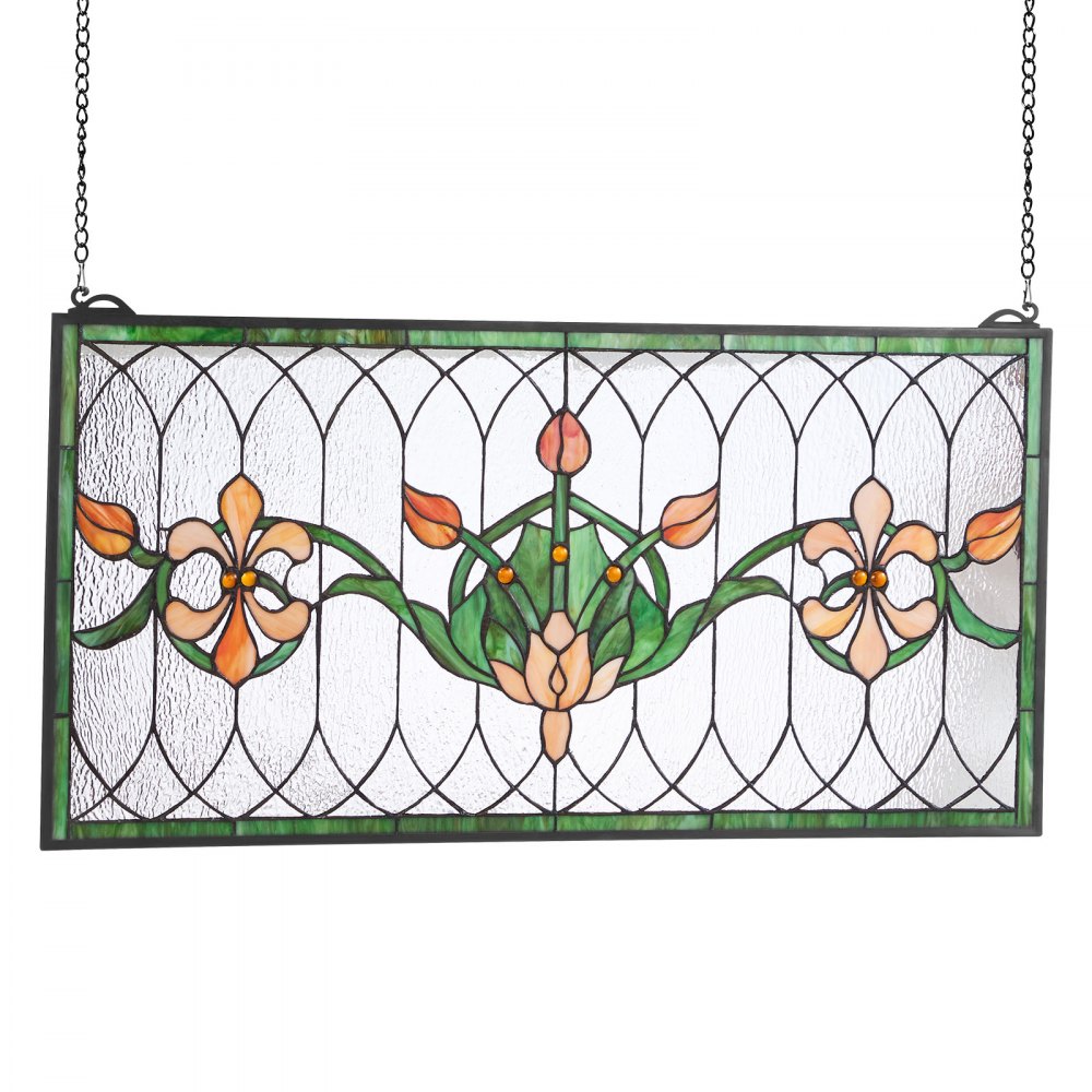 VEVOR Stained Glass Window Panel, 810 x 433 mm, Tiffany Style Hanging Transom Window Panel with Chain, Large Horizontal Rectangle Stain Glass, Vintage Traditional Art Handcrafts for Kitchen Home Decor