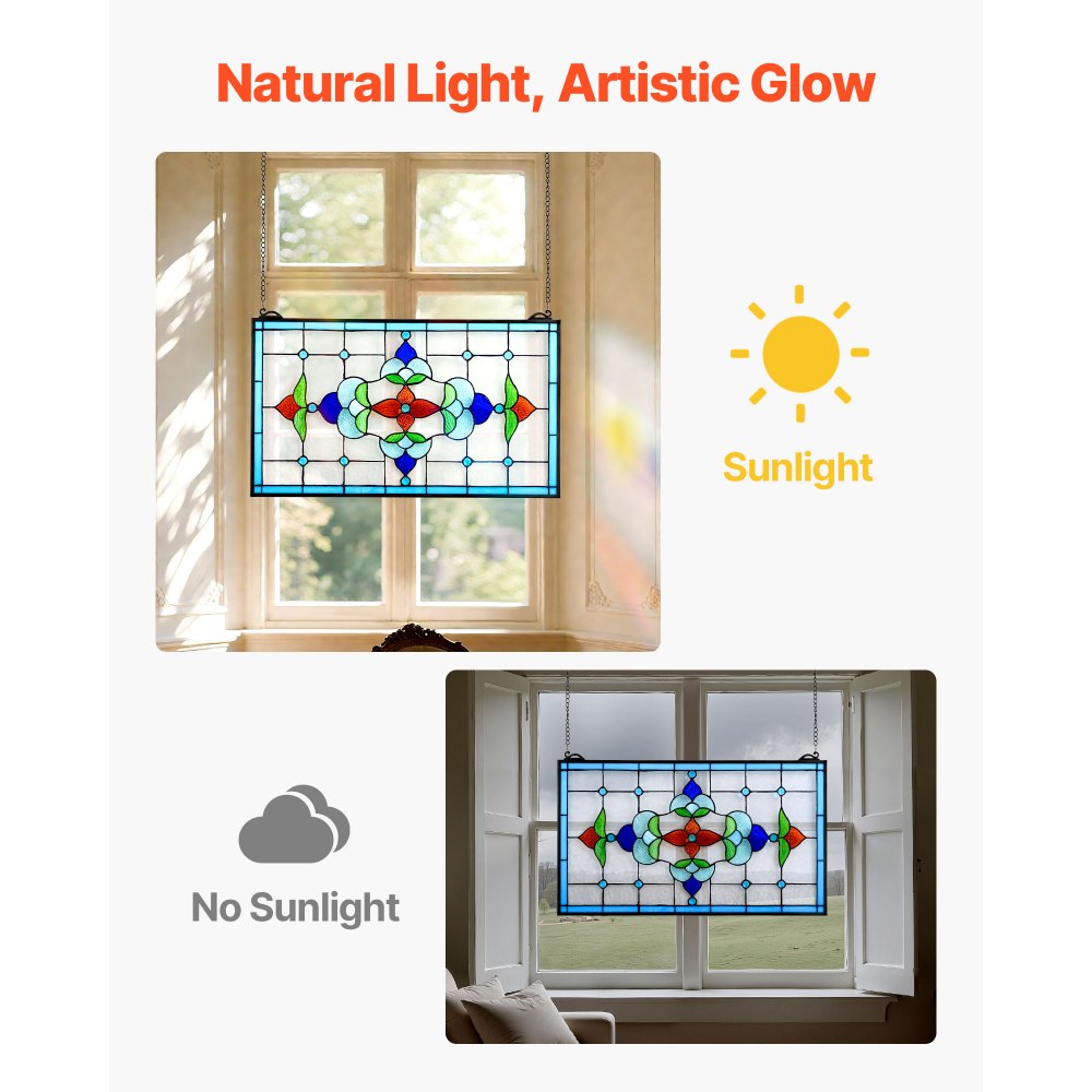 VEVOR Panel de Vidriera Colgante para Ventana 664 x 402 mm Panel de Vitral Colorido Horizontal Rectangular Marco de Metal con Cadena Fácil de Limpiar para Decoración de Cocina, Hogar, Cafetería