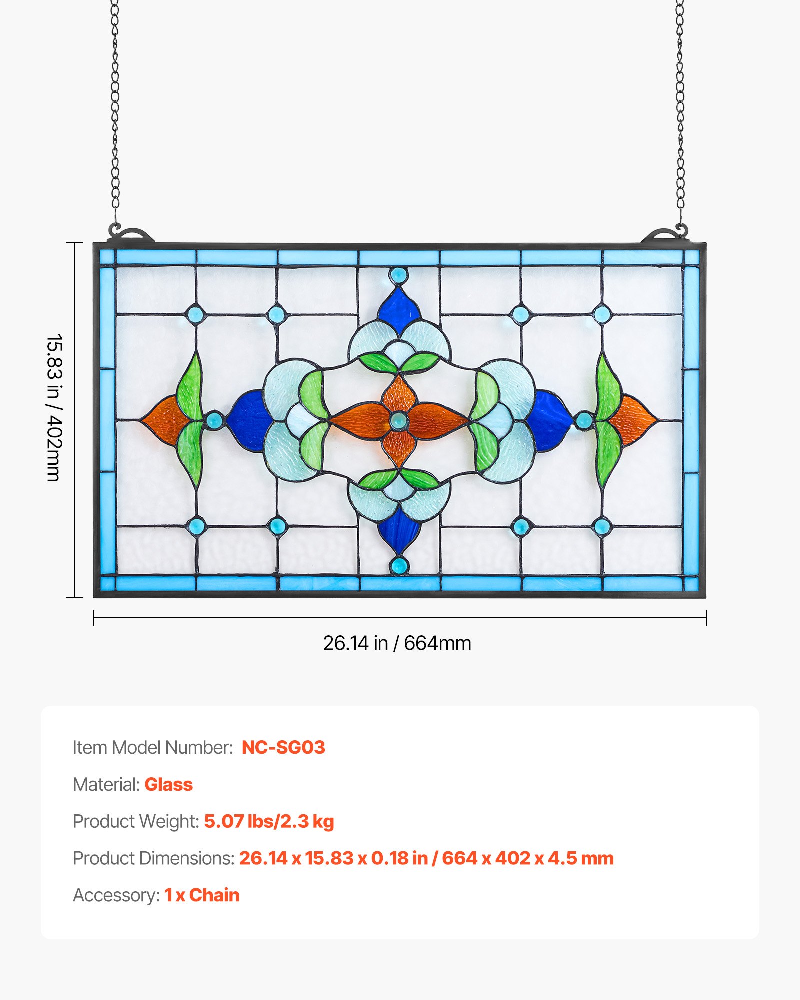 VEVOR Panel de Vidriera Colgante para Ventana 664 x 402 mm Panel de Vitral Colorido Horizontal Rectangular Marco de Metal con Cadena Fácil de Limpiar para Decoración de Cocina, Hogar, Cafetería