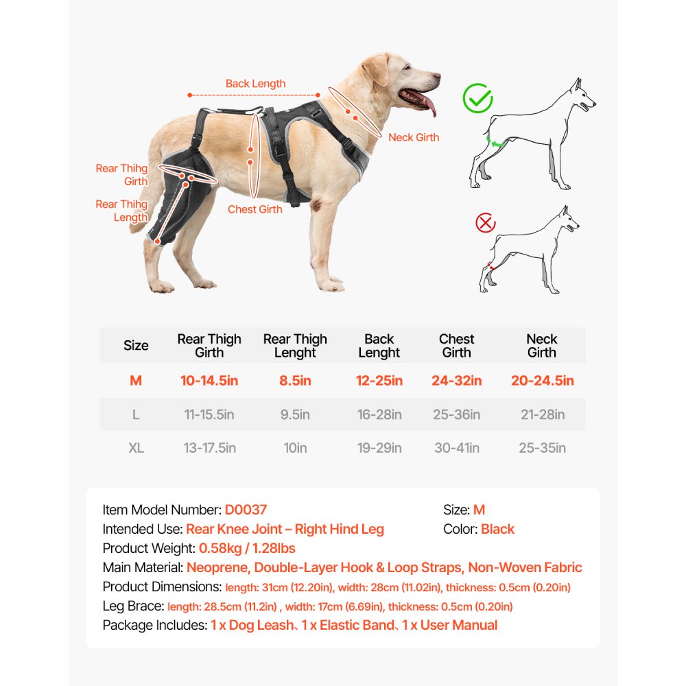 VEVOR Rodillera para Perros con Ligamento Cruzado Anterior Desgarrado, Soporte para Patas de Perro con Estabilizador de Bisagra Ajustable, para Pata Trasera Derecha de Perros, Talla M, Negro