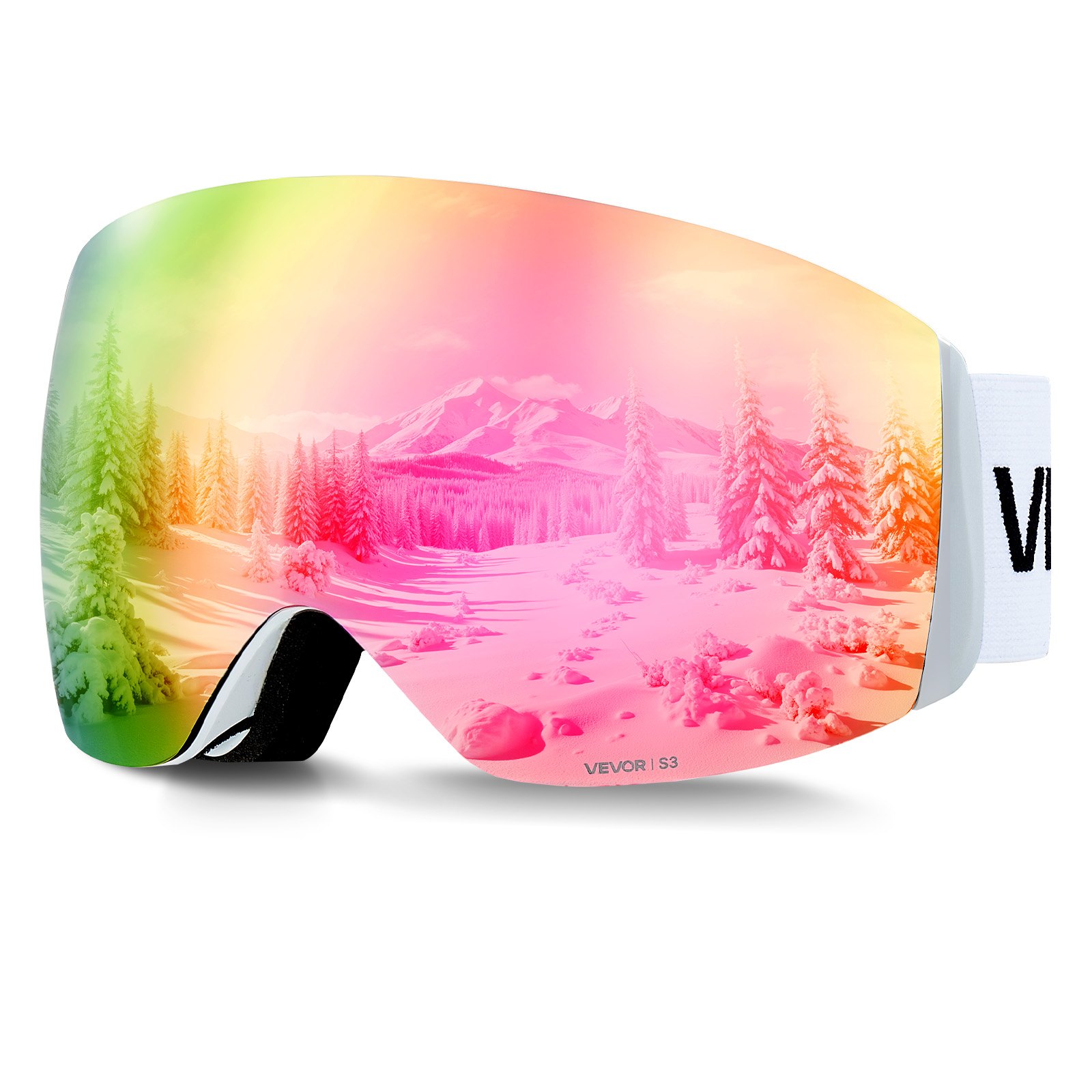 VEVOR Gafas de Esquí con Revestimiento, Rosa Cromada VLT 8-18%, para Snowboard, con Lentes Esféricas, Doble Ventilación Antivaho y Espuma de Triple Capa, para Hombres y Mujeres, 190 x 99 x 68 mm