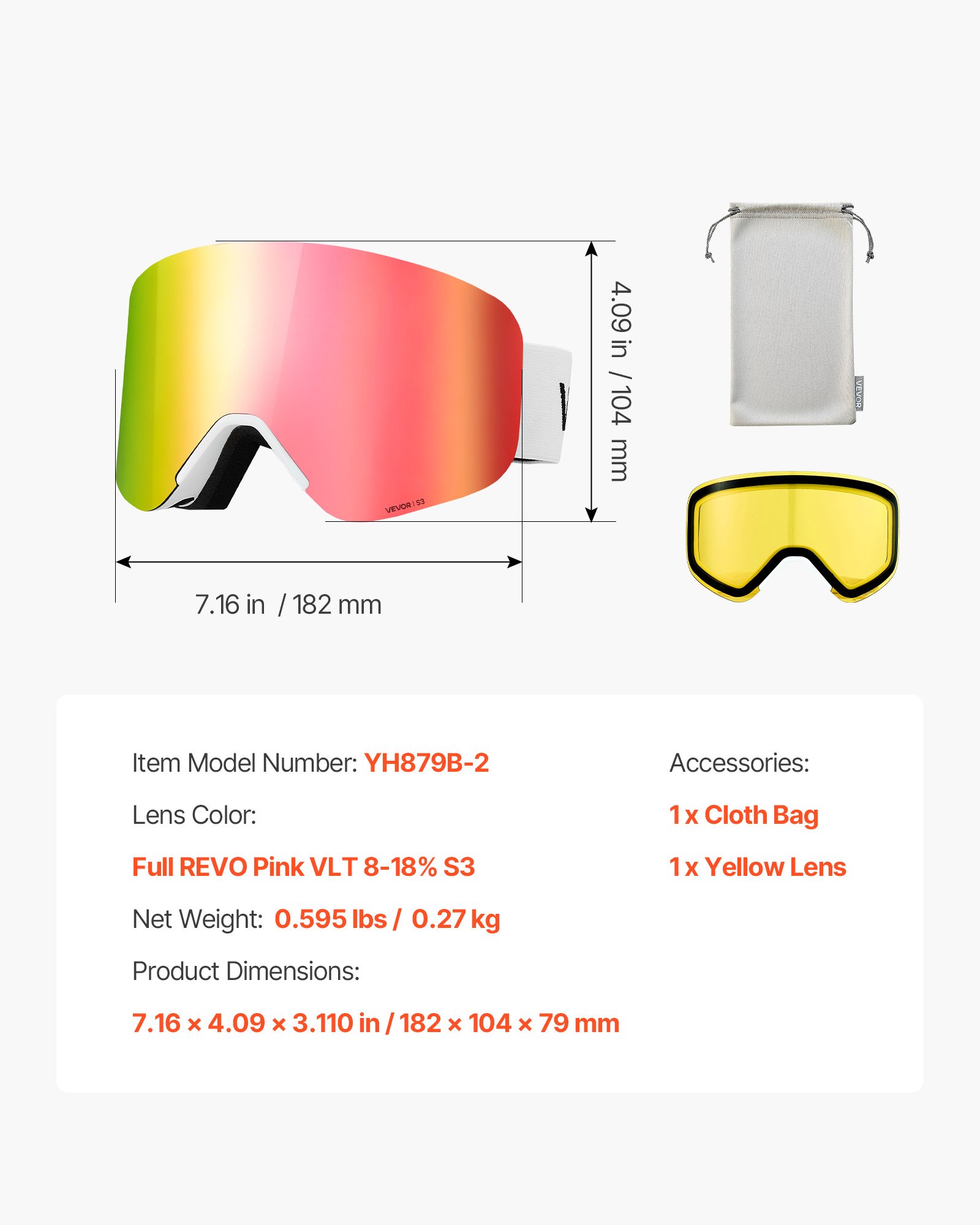 VEVOR Gafas de Esquí con Revestimiento, Rosa Cromada, para Snowboard, con Lentes Cilíndricas Magnéticas, Doble Ventilación y Antivaho, para Motonieve, para Hombres y Mujeres, 182 x 104 x 79 mm