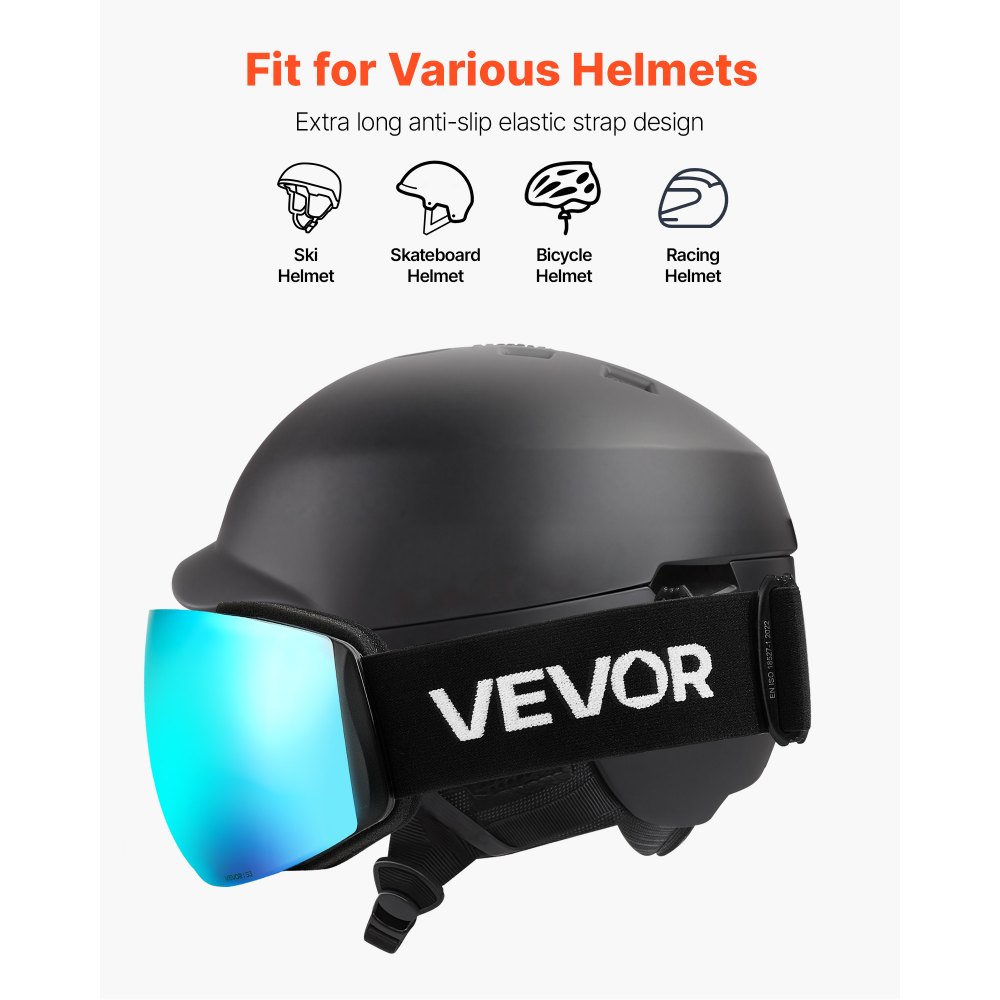 VEVOR Frameless Ski Goggles, Spherical Lens with Blue Revo Coating, OTG Anti fog Snow Goggles for Men Women Youth, TPU Frame & Ventilation Structure, Suitable for Skiing, Skating, Snowboarding