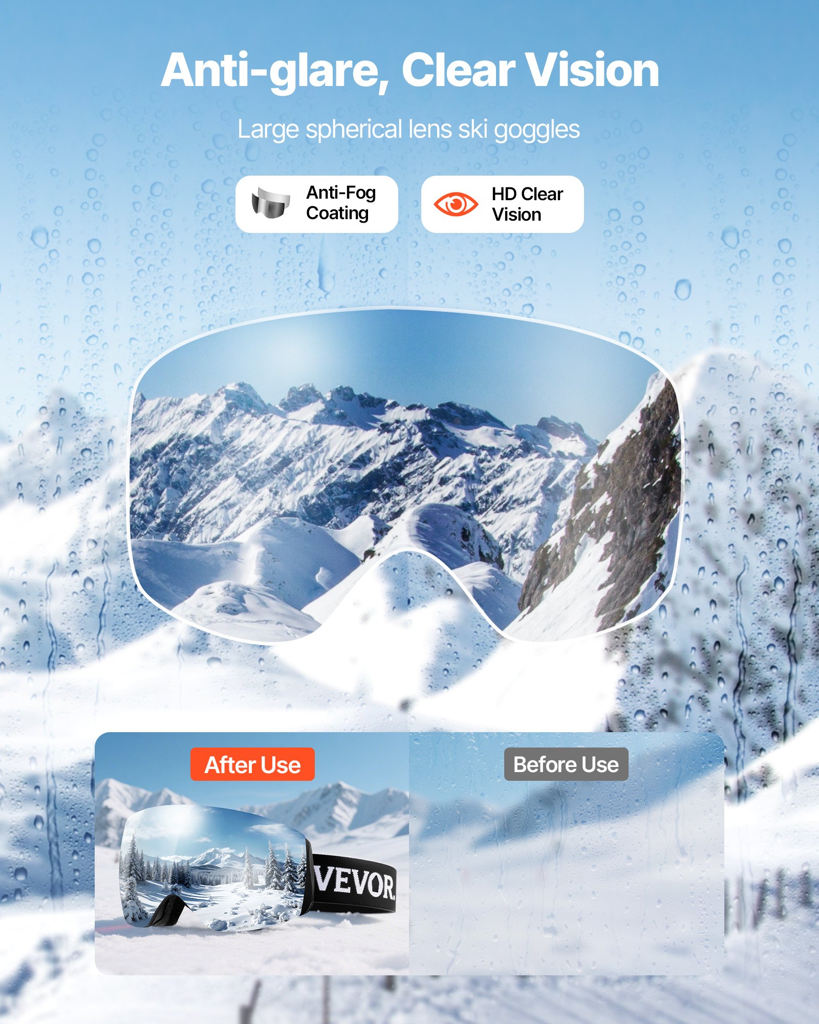 VEVOR Gafas de Esquí con Revestimiento, Lentes Esféricas, Doble Ventilación y Antivaho, Espuma de Triple Capa, para Snowboard, para Hombres y Mujeres, Plata Mercurio VLT 8-18%, 190 x 99 x 68 mm