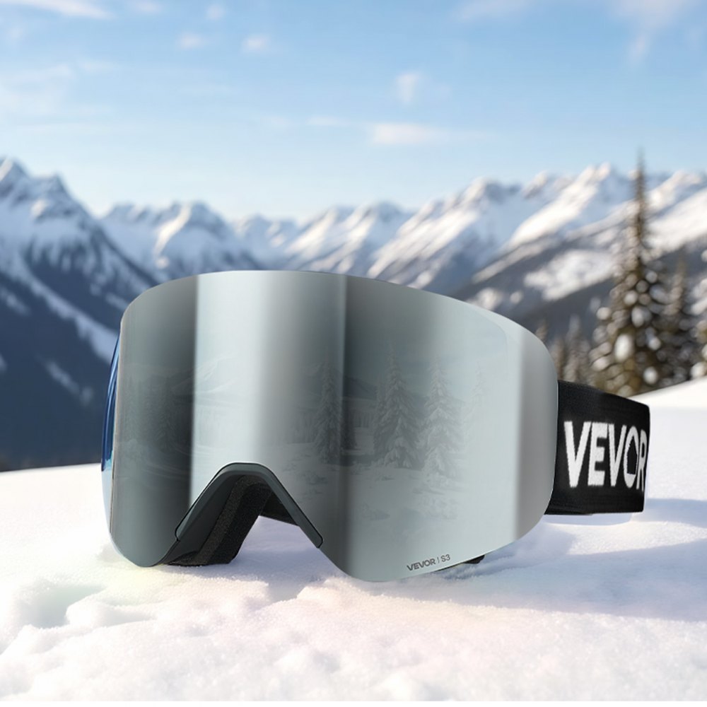 VEVOR Frameless Ski Goggles, Magnet Cylindrical Lens with Silver Mirror Revo Coating, OTG Anti fog Snow Goggles for Men Women, TPU Frame & Ventilation Structure, Fit for Skiing, Skating, Snowboarding