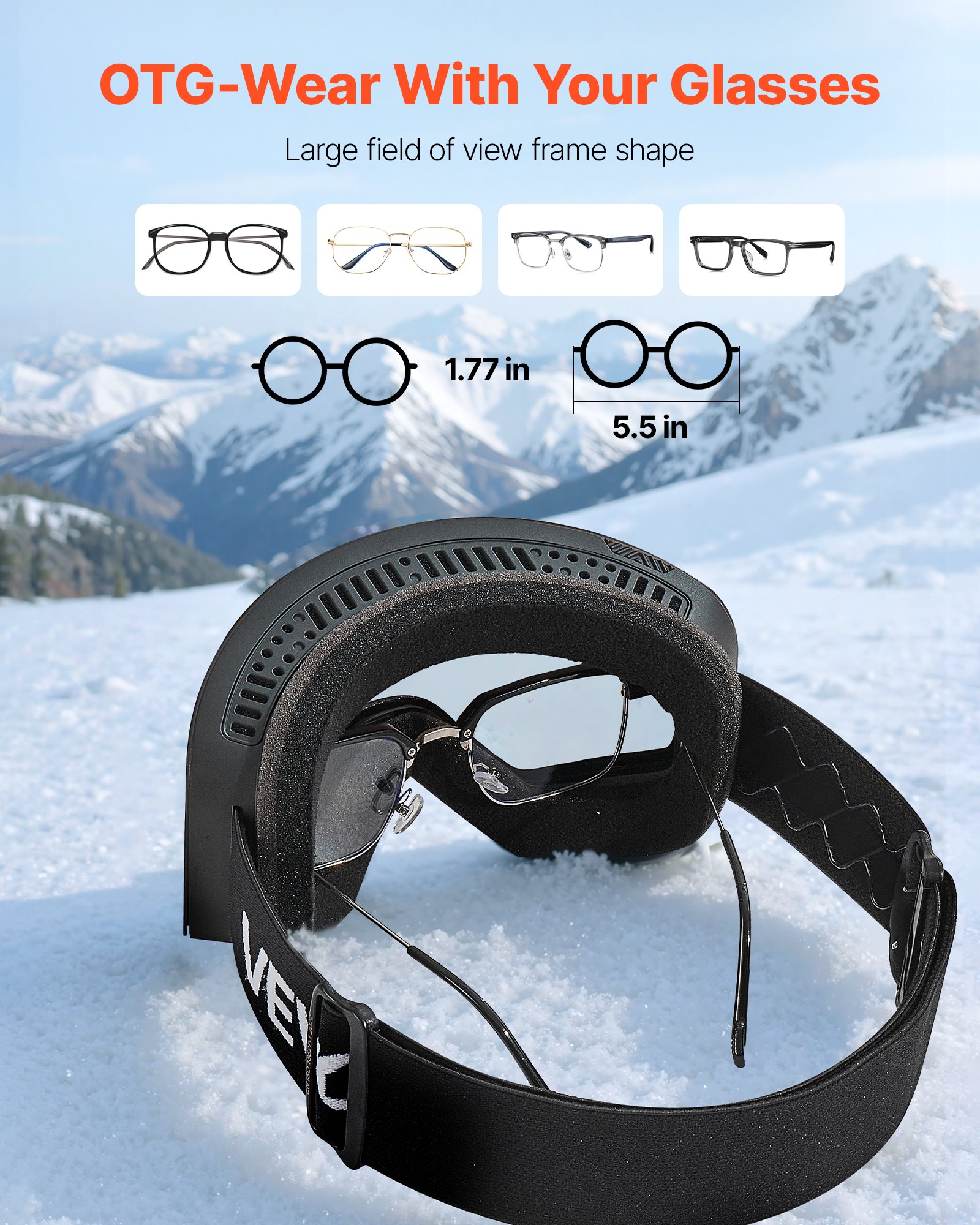 VEVOR Frameless Ski Goggles, Magnet Cylindrical Lens with Silver Mirror Revo Coating, OTG Anti fog Snow Goggles for Men Women, TPU Frame & Ventilation Structure, Fit for Skiing, Skating, Snowboarding