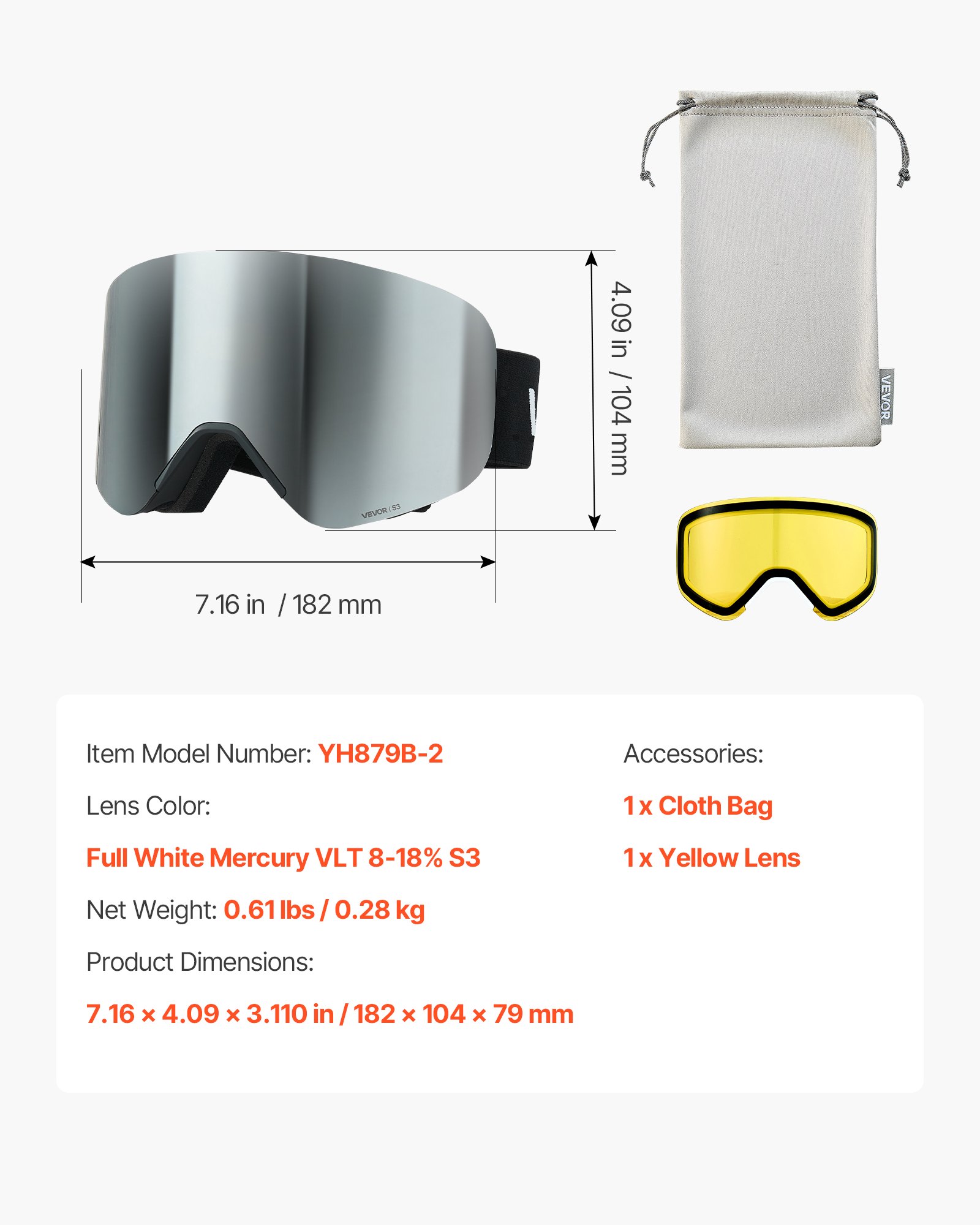 VEVOR Frameless Ski Goggles, Magnet Cylindrical Lens with Silver Mirror Revo Coating, OTG Anti fog Snow Goggles for Men Women, TPU Frame & Ventilation Structure, Fit for Skiing, Skating, Snowboarding