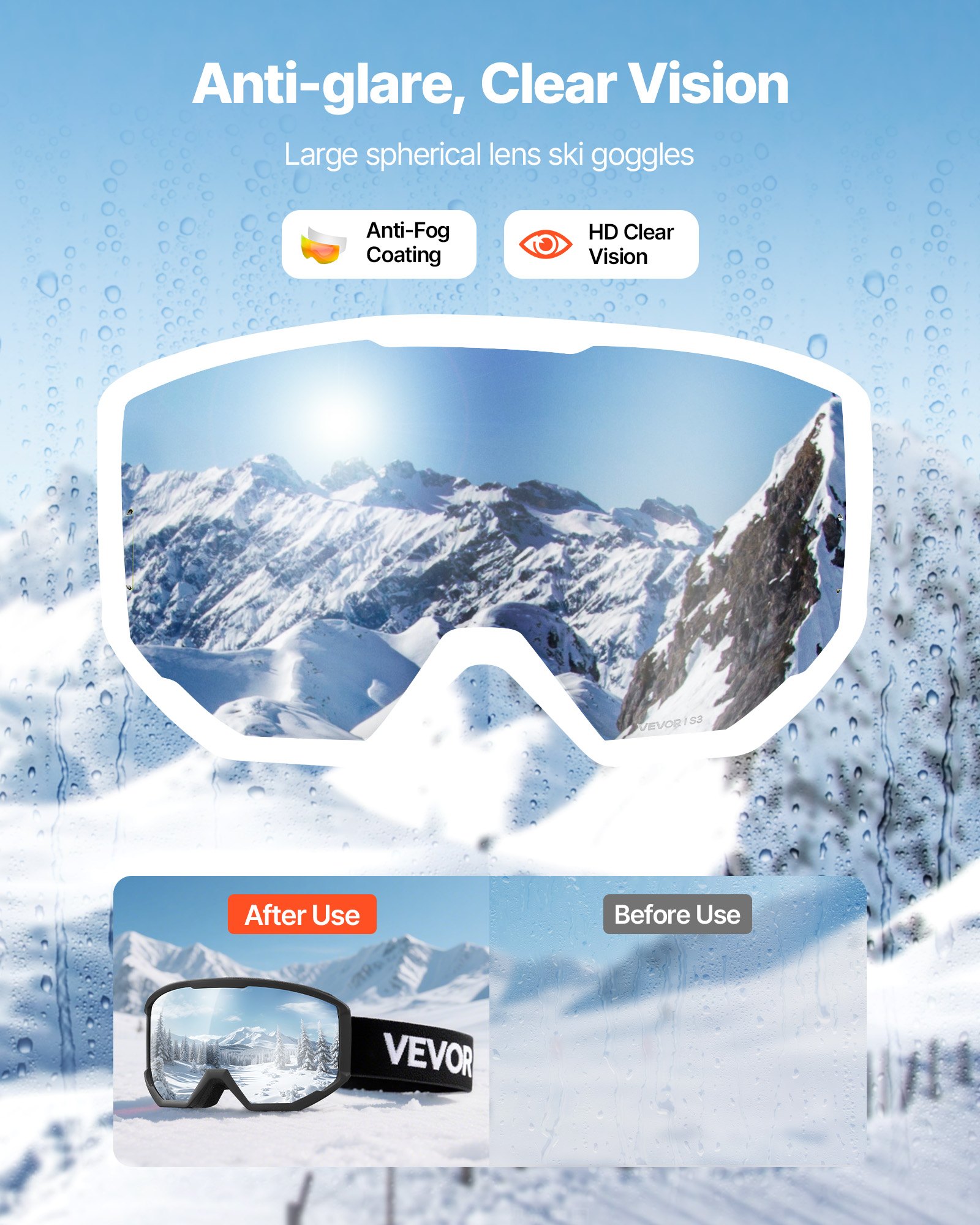 VEVOR Gafas de Esquí con Revestimiento Naranja Cromada, Montura de TPU, Visión 1:1, Doble Ventilación Antivaho y Espuma de Triple Capa, para Snowboard, para Hombres y Mujeres. 180 x 96 x 72 mm