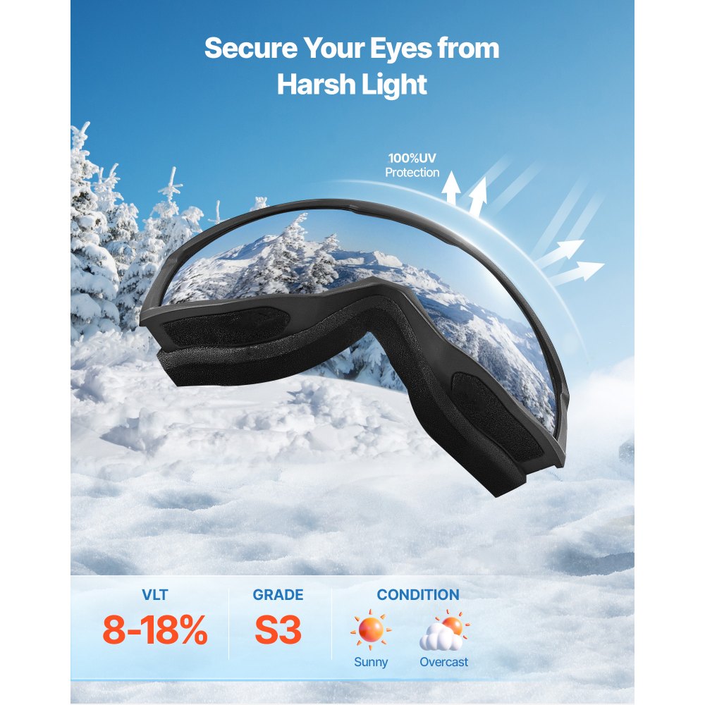 VEVOR Ski Goggles, Cylindrical Lens with Ice Blue Revo Coating, OTG Anti fog Snow Goggles for Men Women Youth, TPU Frame & Ventilation Structure, Suitable for Skiing, Skating, Snowboarding, Cycling