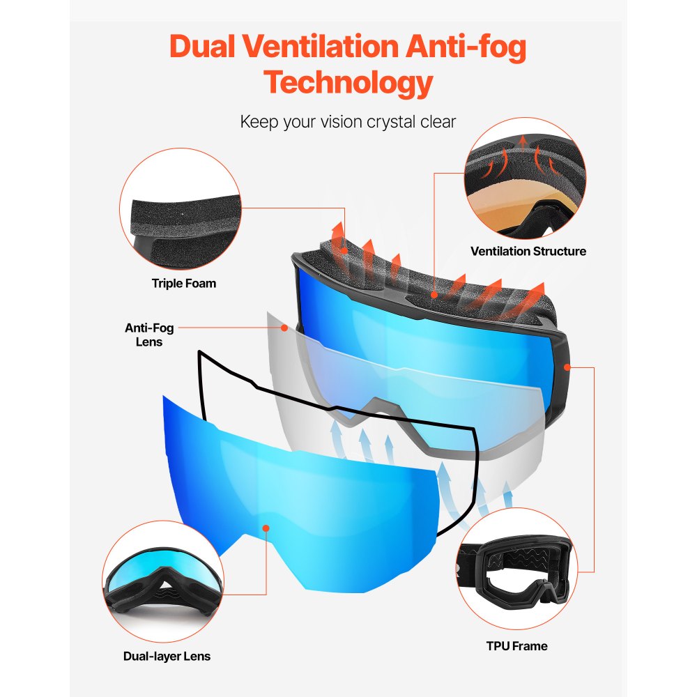 VEVOR Ski Goggles, Cylindrical Lens with Ice Blue Revo Coating, OTG Anti fog Snow Goggles for Men Women Youth, TPU Frame & Ventilation Structure, Suitable for Skiing, Skating, Snowboarding, Cycling