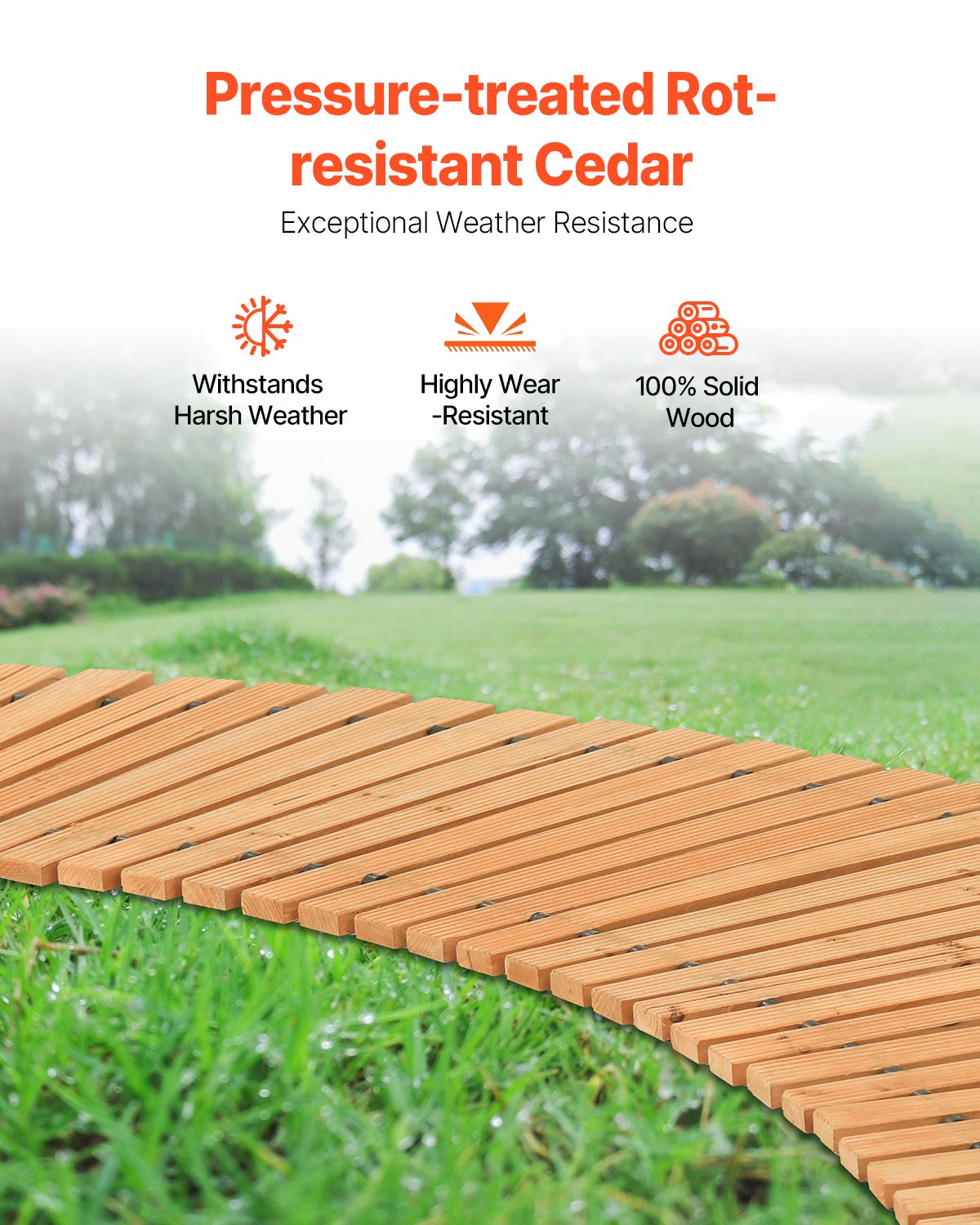 VEVOR Roll-Up Garden Path 218x43 cm, Roll-Up Wooden Path, Cedar Wood Walkway with Wire Rope Connection, Wooden Steps, Garden Steps, Decorative Stepping Stones for Seaside Promenade, Backyard, Patio