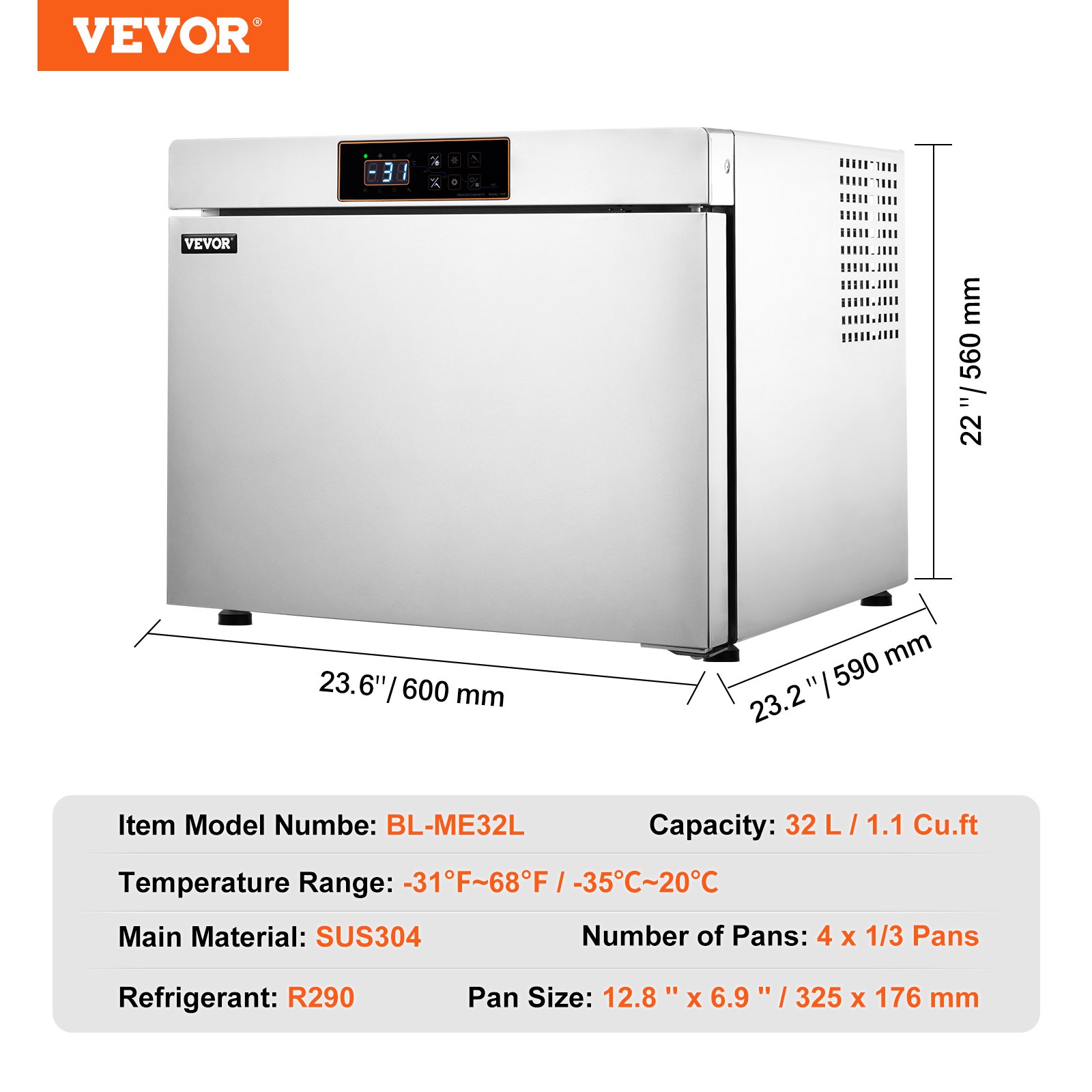 VEVOR Congelador Rápido Comercial, 32 L, 4 Bandejas, Arcón Congelador Rápido con Modos de Enfriamiento y Congelación, Acero Inoxidable, para Alimentos para Restaurantes, Mariscos, 600 x 590 x 560 mm