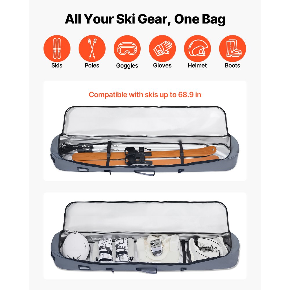 VEVOR Bolsa de Esquí de Snowboard, hasta 165 cm, Funda para Esquís, Impermeable, Tejido Oxford 600D, con Correas Interiores Ajustables, para Bastones, Gafas, Guantes, Cascos y Botas, Color Gris