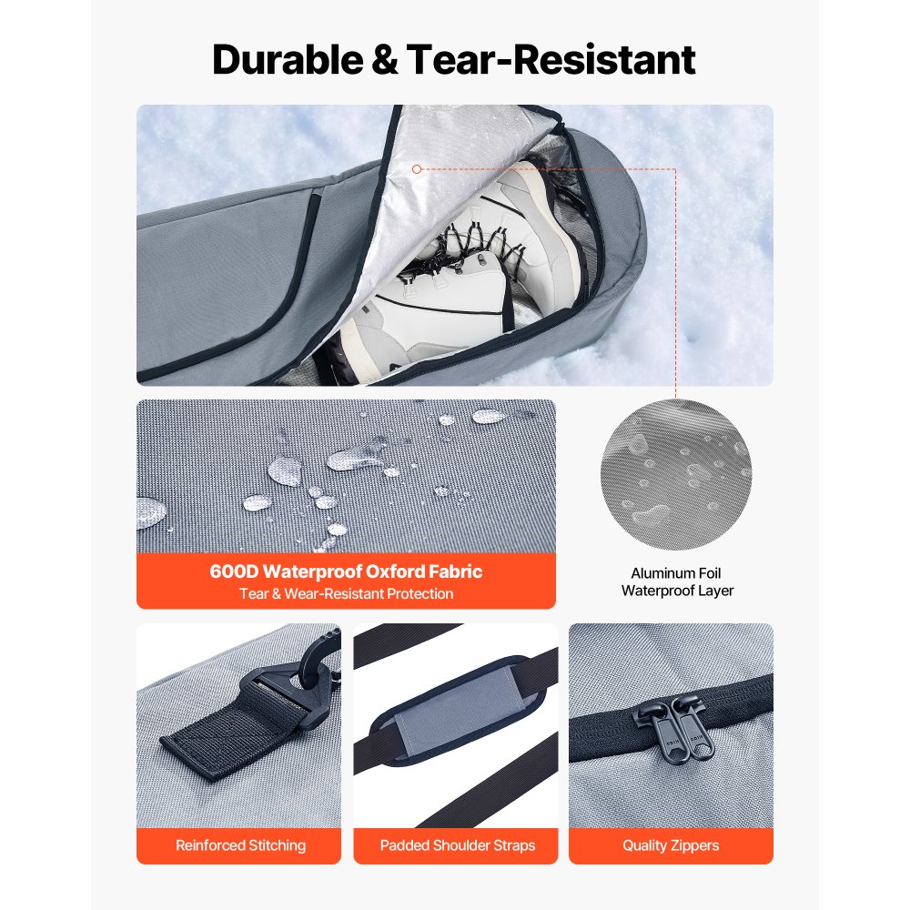 VEVOR Bolsa de Esquí de Snowboard, hasta 165 cm, Funda para Esquís, Impermeable, Tejido Oxford 600D, con Correas Interiores Ajustables, para Bastones, Gafas, Guantes, Cascos y Botas, Color Gris