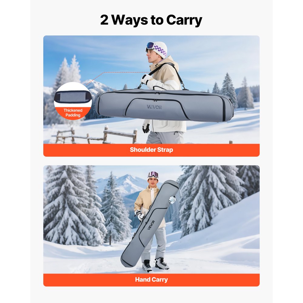 VEVOR Bolsa de Esquí de Snowboard, hasta 165 cm, Funda para Esquís, Impermeable, Tejido Oxford 600D, con Correas Interiores Ajustables, para Bastones, Gafas, Guantes, Cascos y Botas, Color Gris